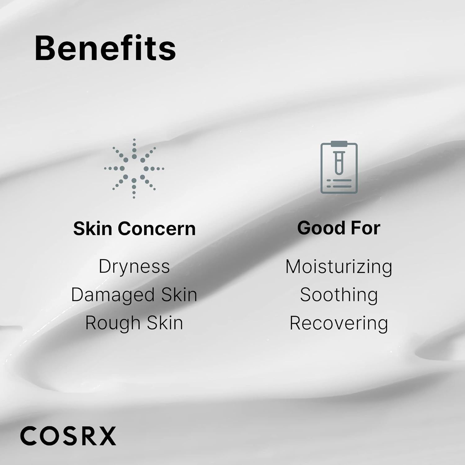 Text: "Benefits", "Skin Concern", "Good For", "Dryness", "Damaged Skin", "Rough Skin", "Moisturizing", "Soothing", "Recovering", "COSRX".