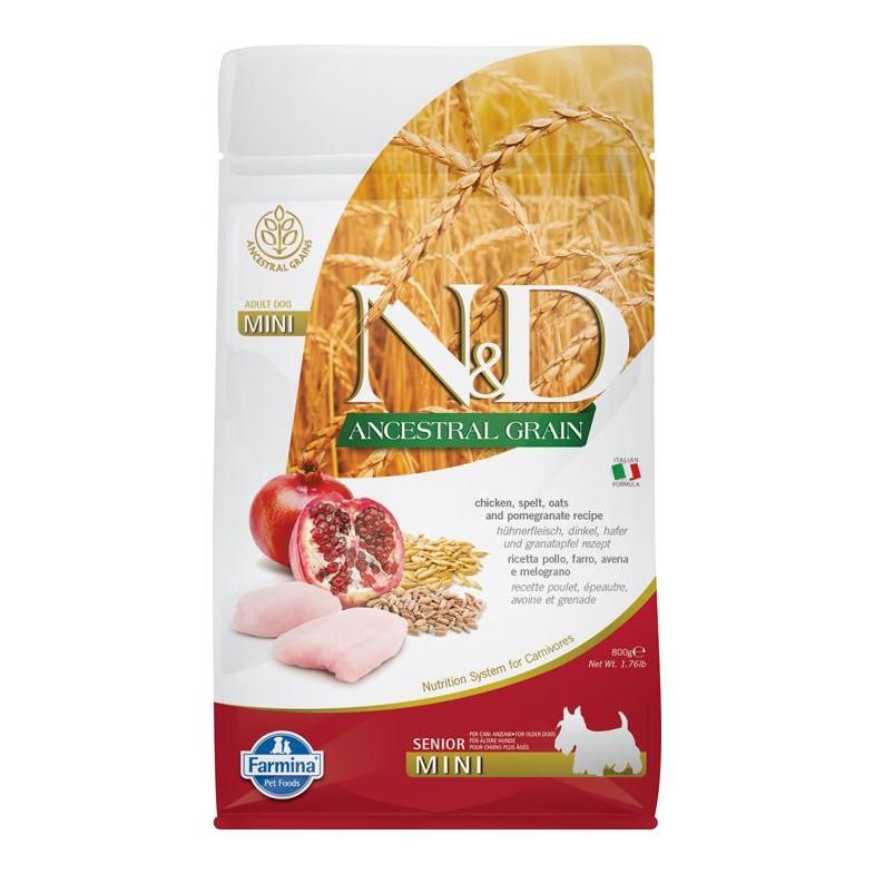 Hundefutterbeutel mit N&D-Logo, Granatapfel- und Huhn-Abbildung. Text: Ancestral Grain, Senior Mini. Farmina Logo.