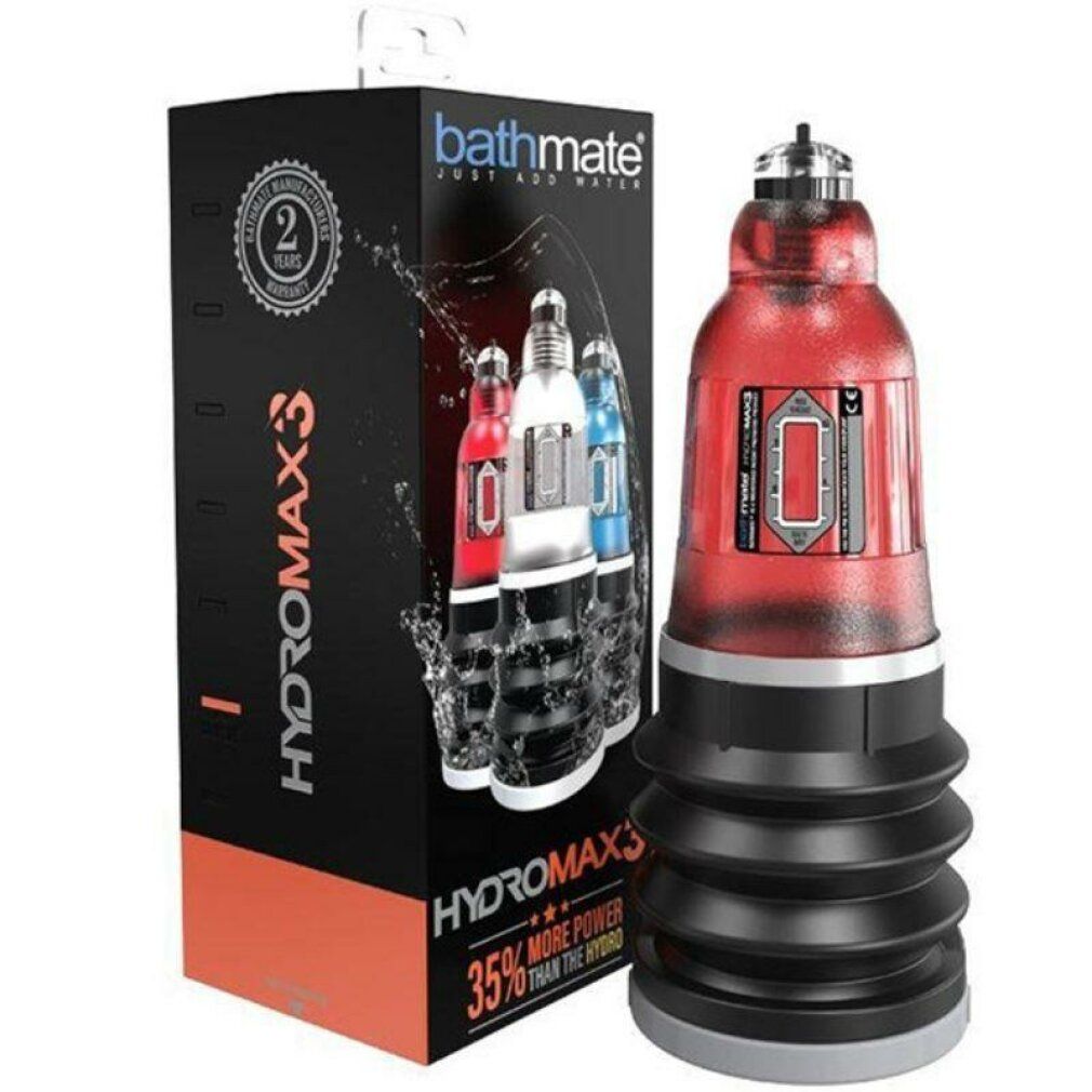 Rotes Gerät neben einer schwarzen Verpackung. Auf der Verpackung steht 'Hydromax3' und 'Bathmate'.