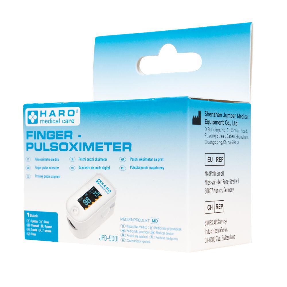 Verpackung mit Finger-Pulsoximeter. Gerät mit Display, zeigt Werte an. Marke: HARO medical care.