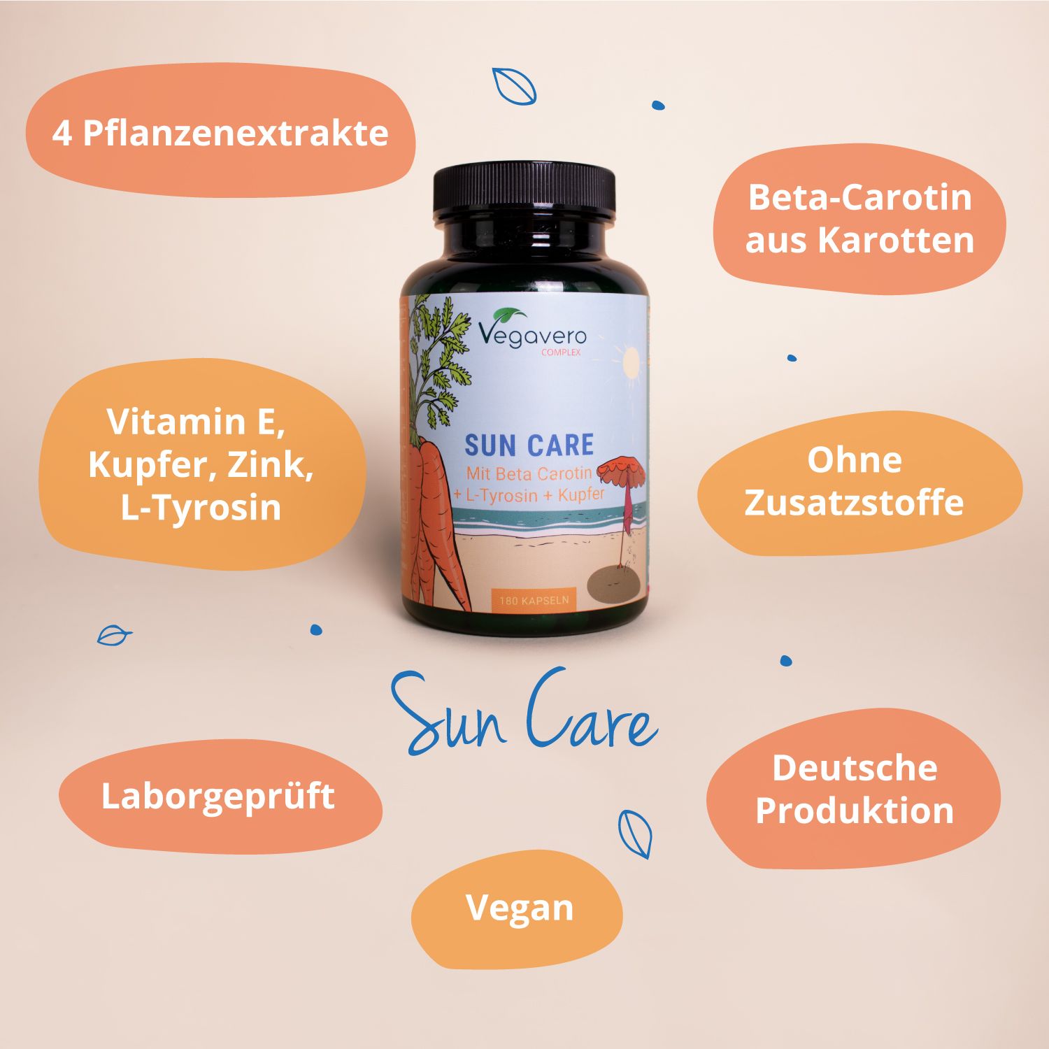 Vegavaro Sun Care Complex Flasche. Text: SUN CARE, Beta-Carotin, L-Tyrosin, Kupfer. Zusätzliche Informationen: Vegan, Laborgeprüft, Deutsche Produktion.