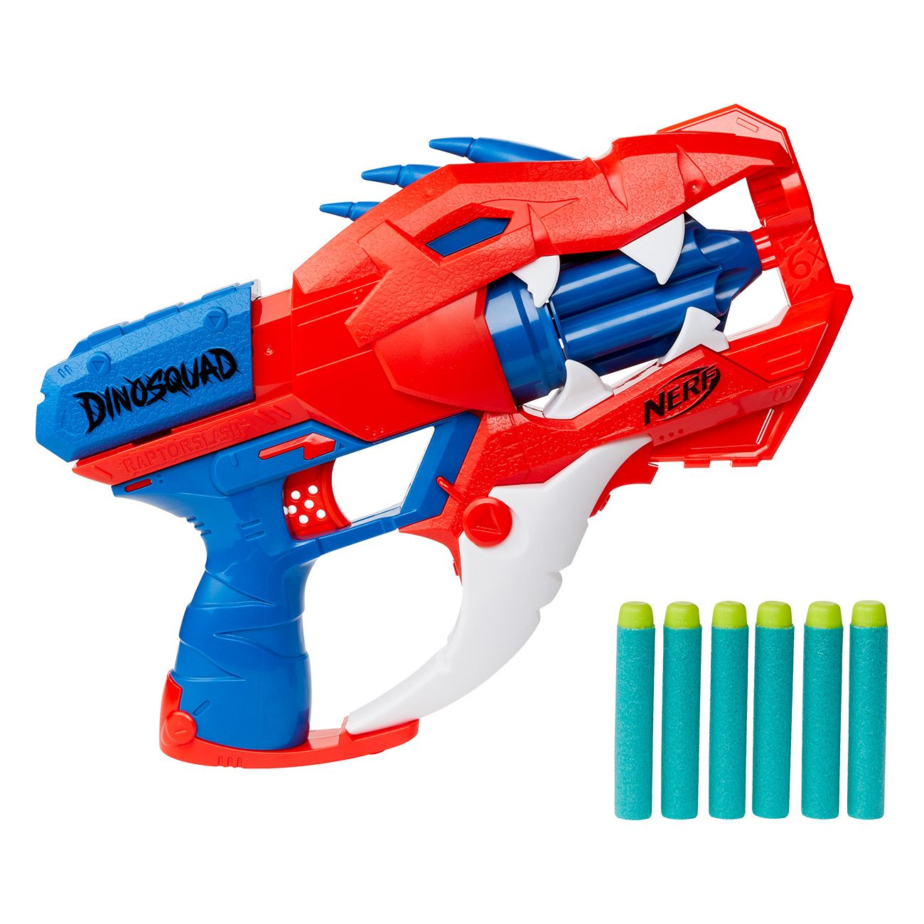 Roter und blauer Nerf Dinosquad Blaster mit sechs grünen Darts.
