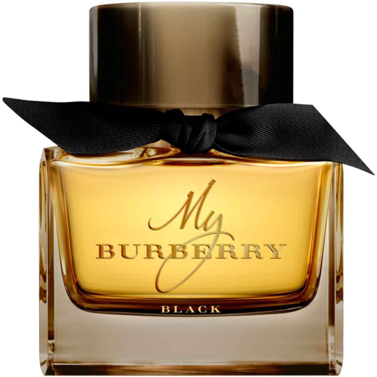 Burberry My Burberry Black E.d.P. Nat. Spray. Quadratischer Flakon mit schwarzer Schleife. Goldfarbener Schriftzug.