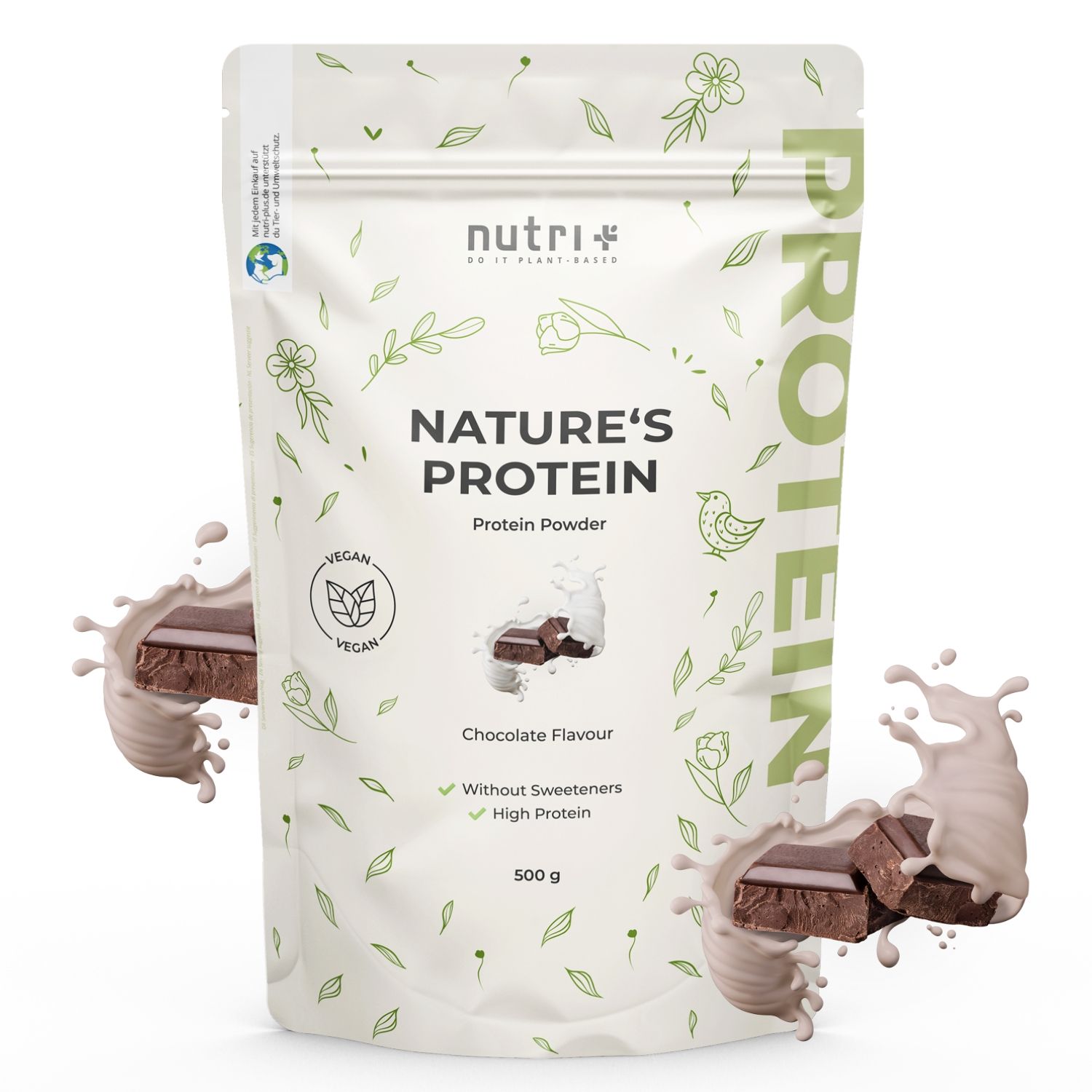 Verpackung von nutri+ Nature's Protein Pulver. Zeigt Schokoladen-Geschmack, ohne Süßstoffe, und hohem Proteingehalt.