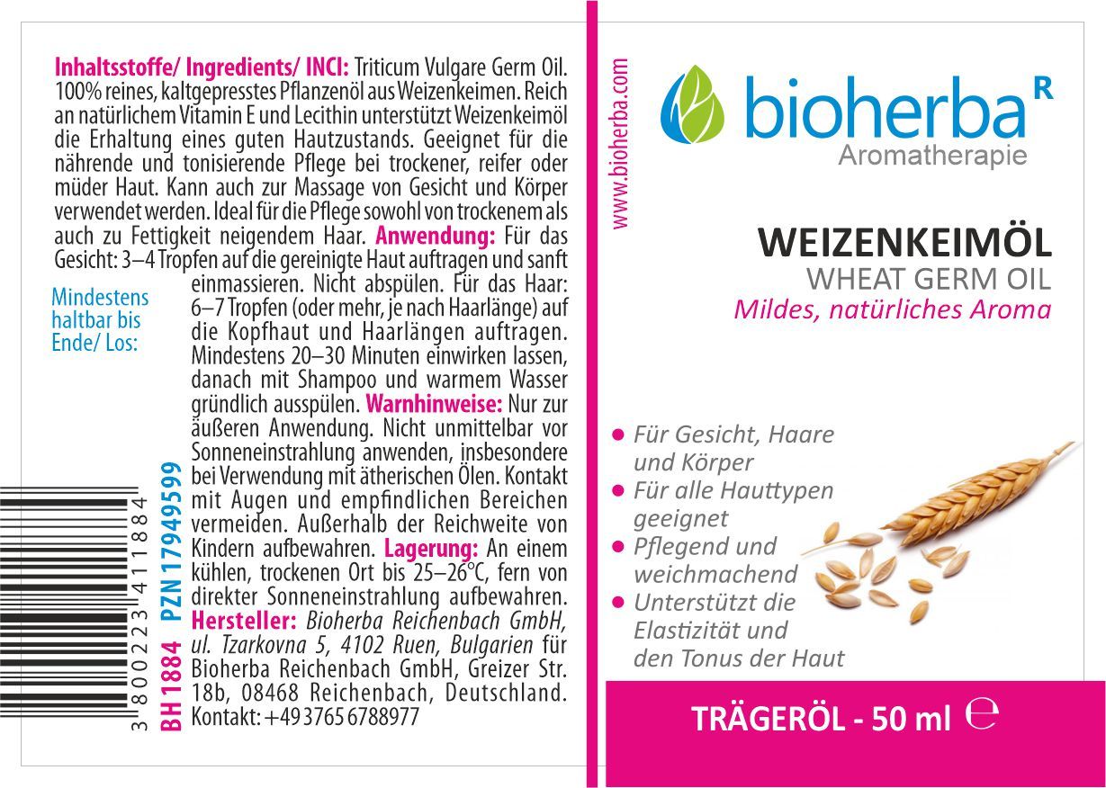 Weißes Etikett mit Produktbezeichnung und Logo. Text in deutscher Sprache. Illustration einer Weizenähre.