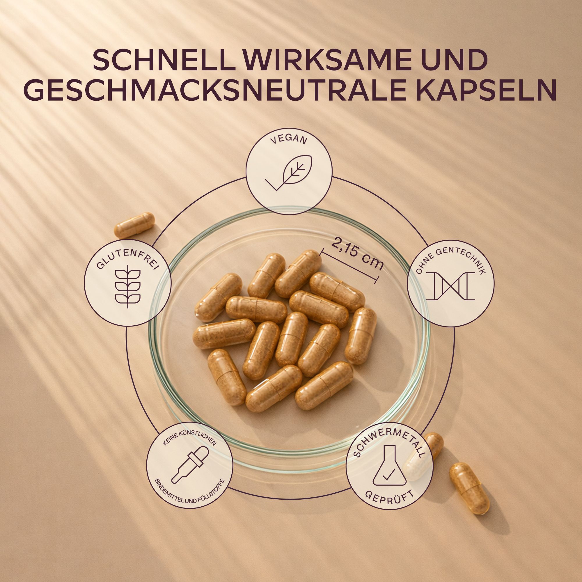 Aavalabs Eisenbisglycinat Kapseln auf einer Petrischale, mit Icons.