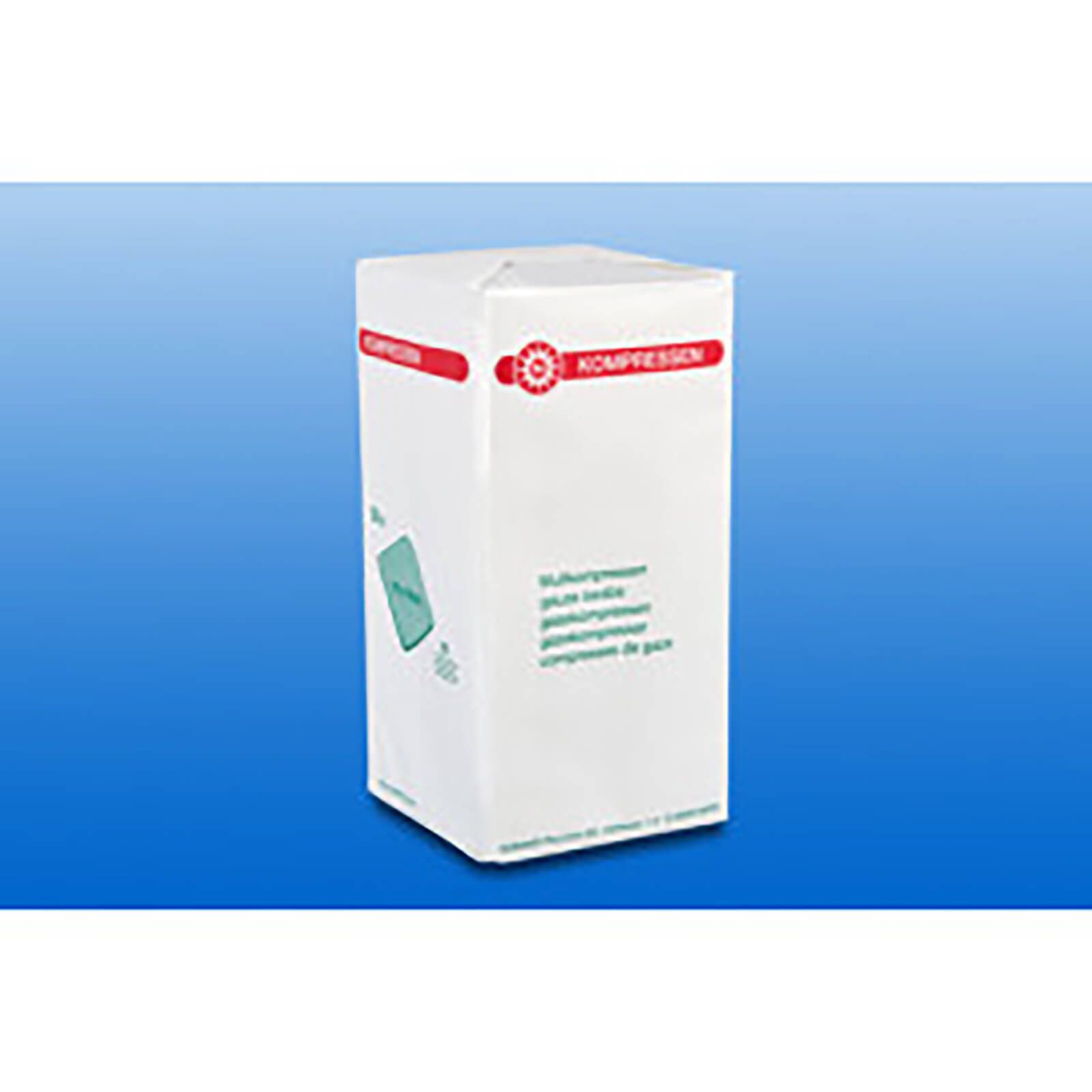 Verpackung mit roter Schrift und Logo. Text: Kompressen. Mehrsprachiger Text auf weißem Hintergrund.