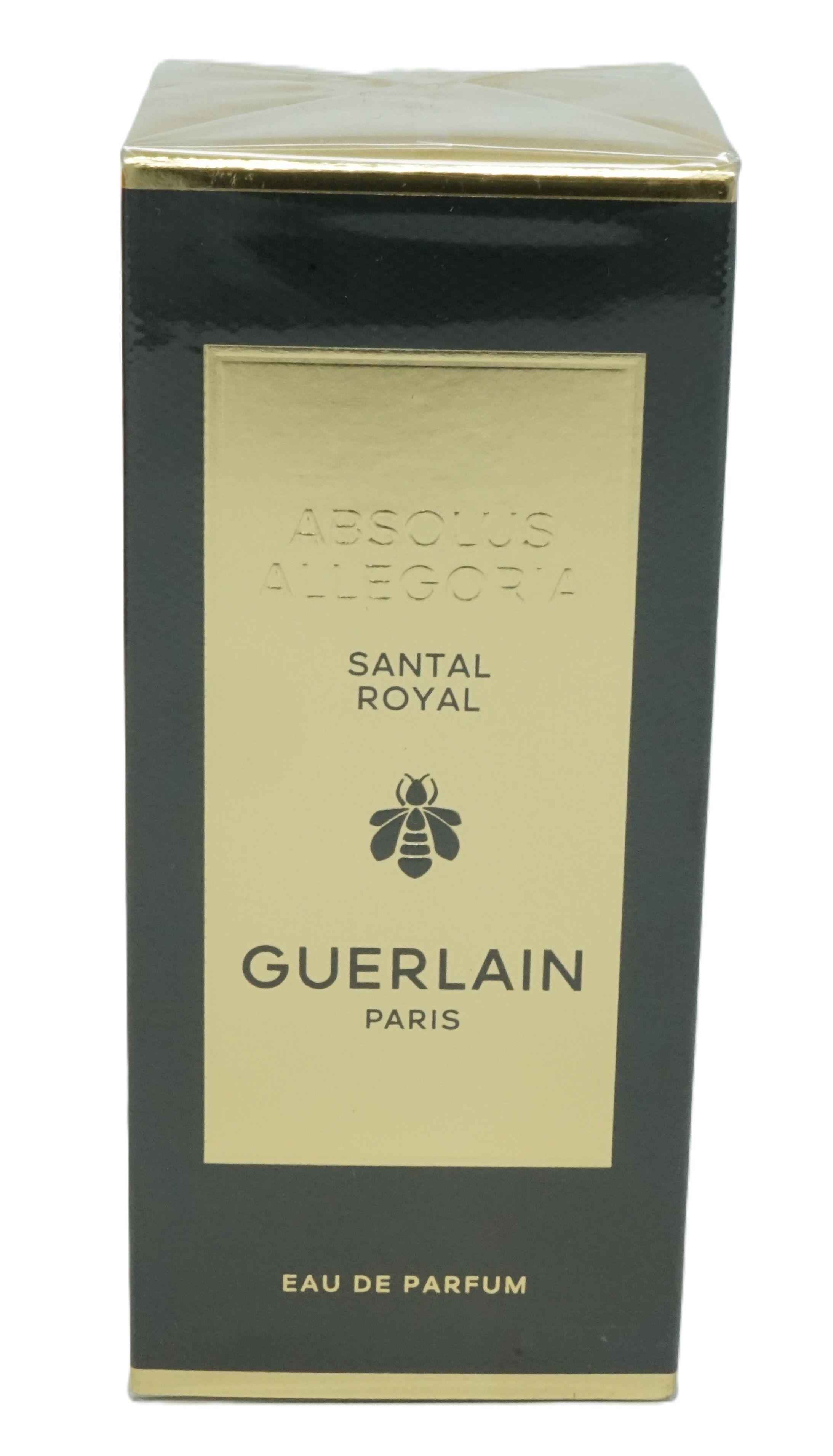 Schwarze Verpackung mit goldfarbenem Etikett. Aufschrift Absolus Allegoria, Santal Royal, Guerlain Paris.