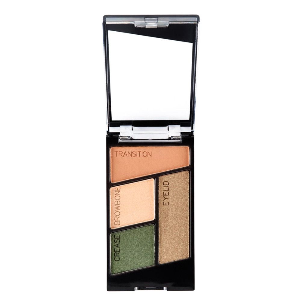 Lidschatten-Quad mit Spiegel. Vier Farben: Transition, Browbone, Crease, Eyelid. Schwarze Verpackung.
