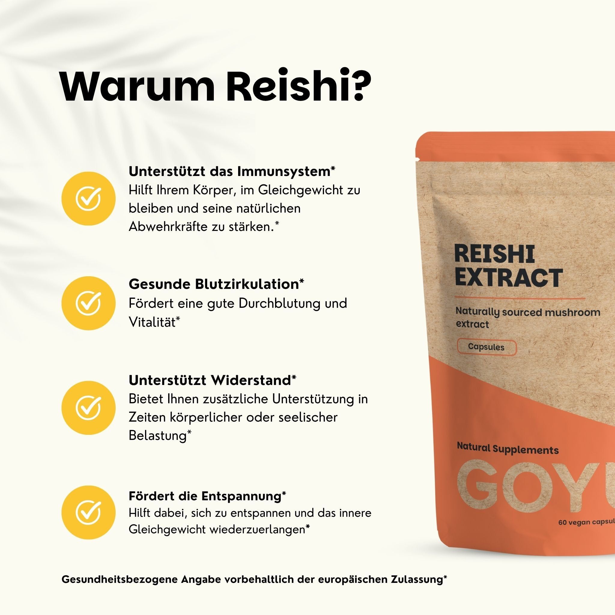 Standbodenbeutel mit Reishi Extrakt Aufschrift, enthält Kapseln.