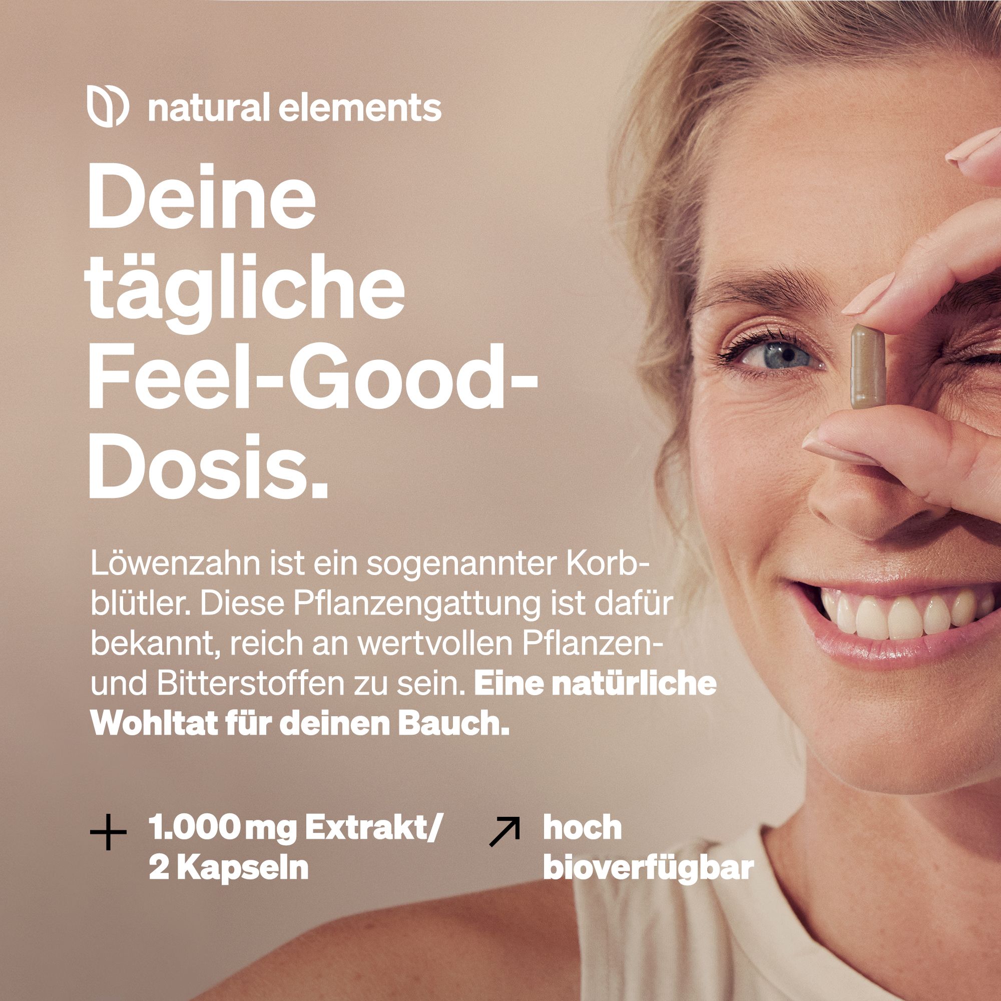 Frau hält Kapsel. Text: "Deine tägliche Feel-Good-Dosis." und "+ 1.000mg Extrakt/ 2 Kapseln".