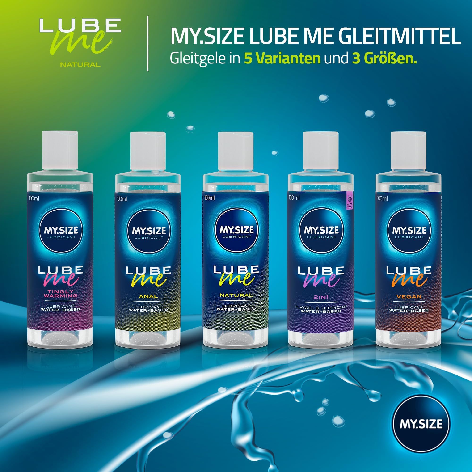 Fünf Flaschen 'MY.SIZE LUBE ME' Gleitmittel in Varianten wie Tingling, Anal, Natural, 2-in-1, Vegan.