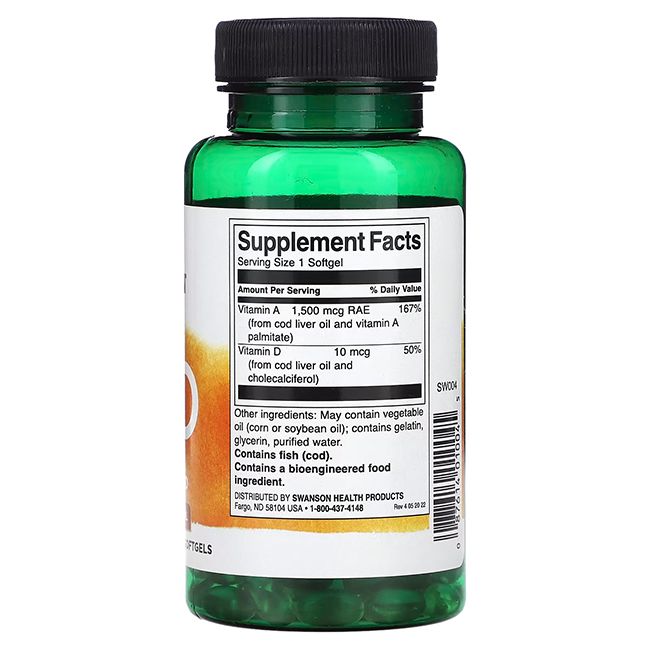Rückseite der grünen Flasche. Weißes Etikett mit Nährwertangaben. Enthält Vitamin A und D. 250 Softgels.