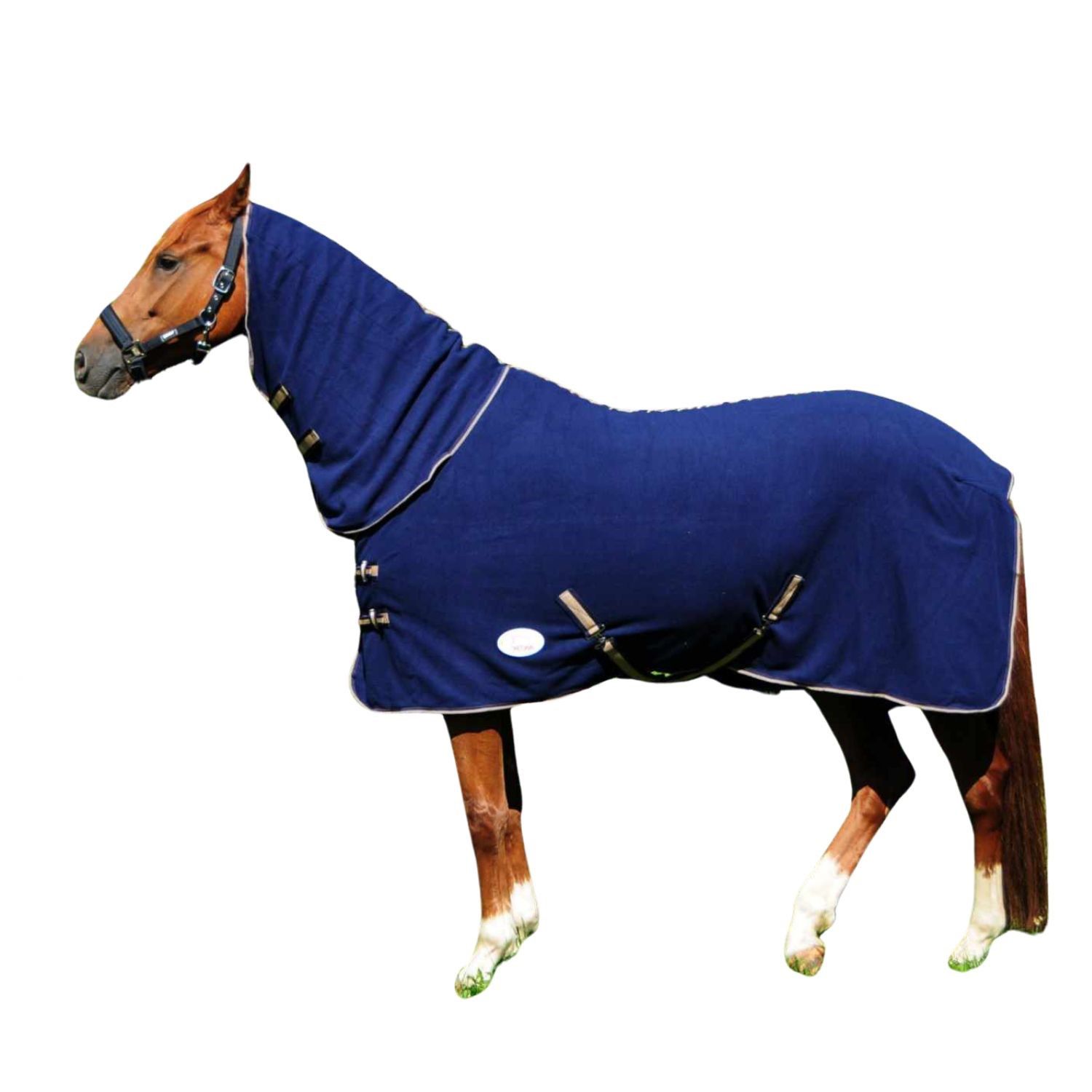 Blau AMKA Fleecedecke COMBO für Pferd. Beige Rand und Verschlüsse. Pferd im Profil.