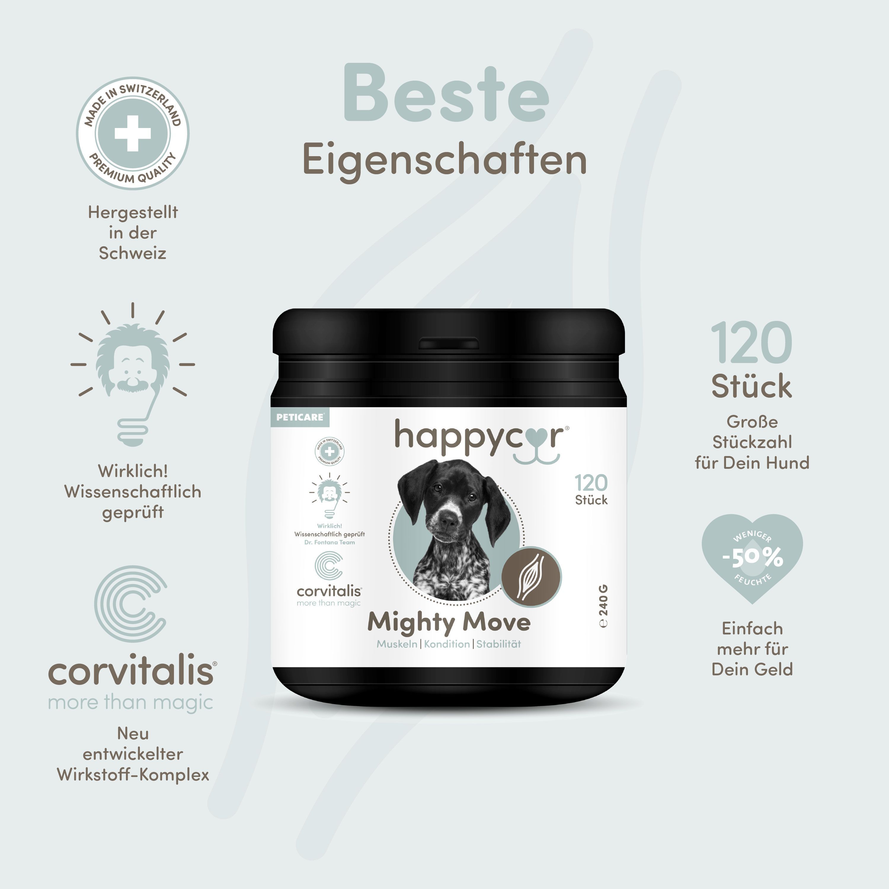 Schwarzer Behälter mit Happycor Mighty Move Snacks. "Hergestellt in der Schweiz".
