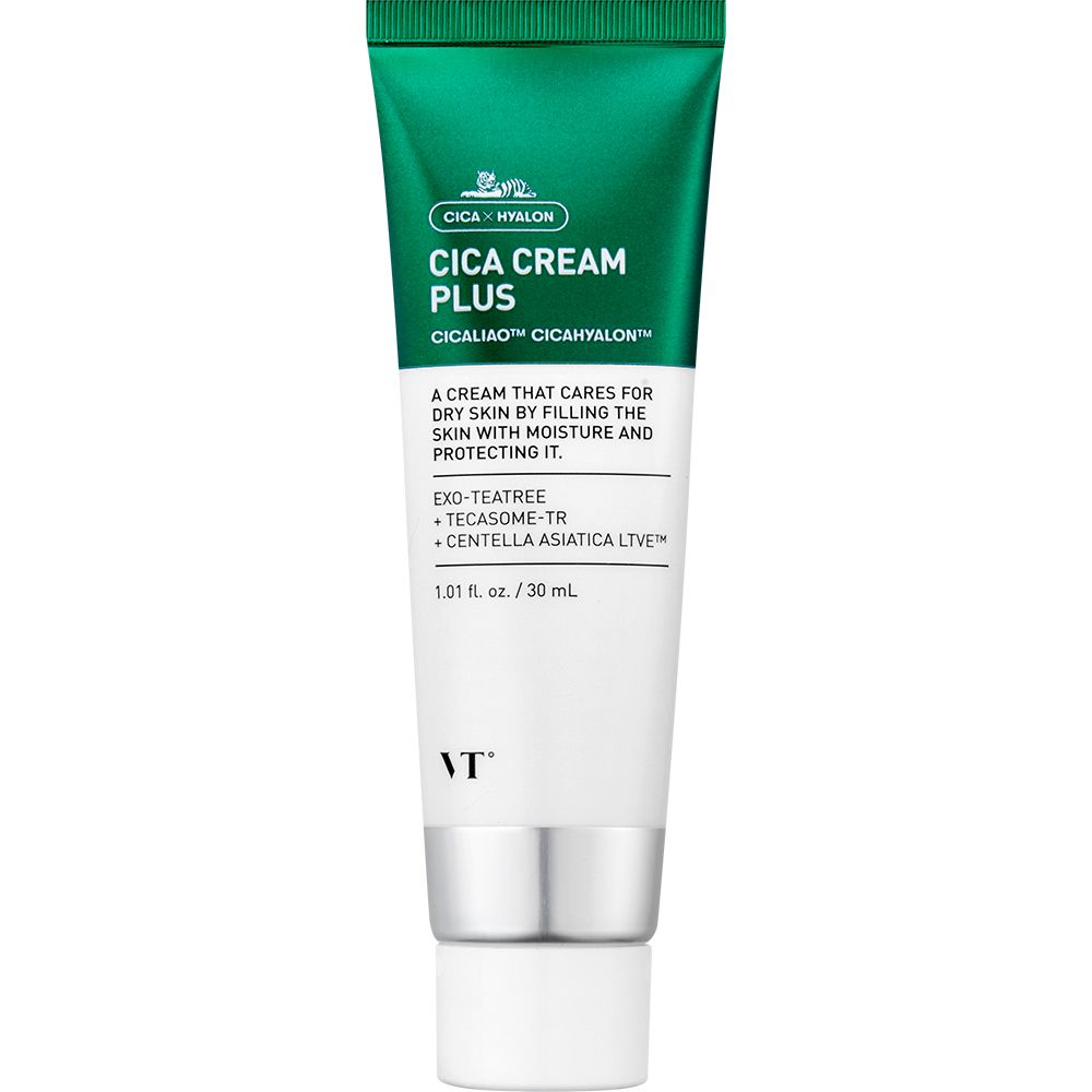 Cica Cream Plus Tube. Grün-weiße Tube mit Produktnamen und Inhaltsstoffen. Aufschrift: Cicaliao, CicaHyalon.