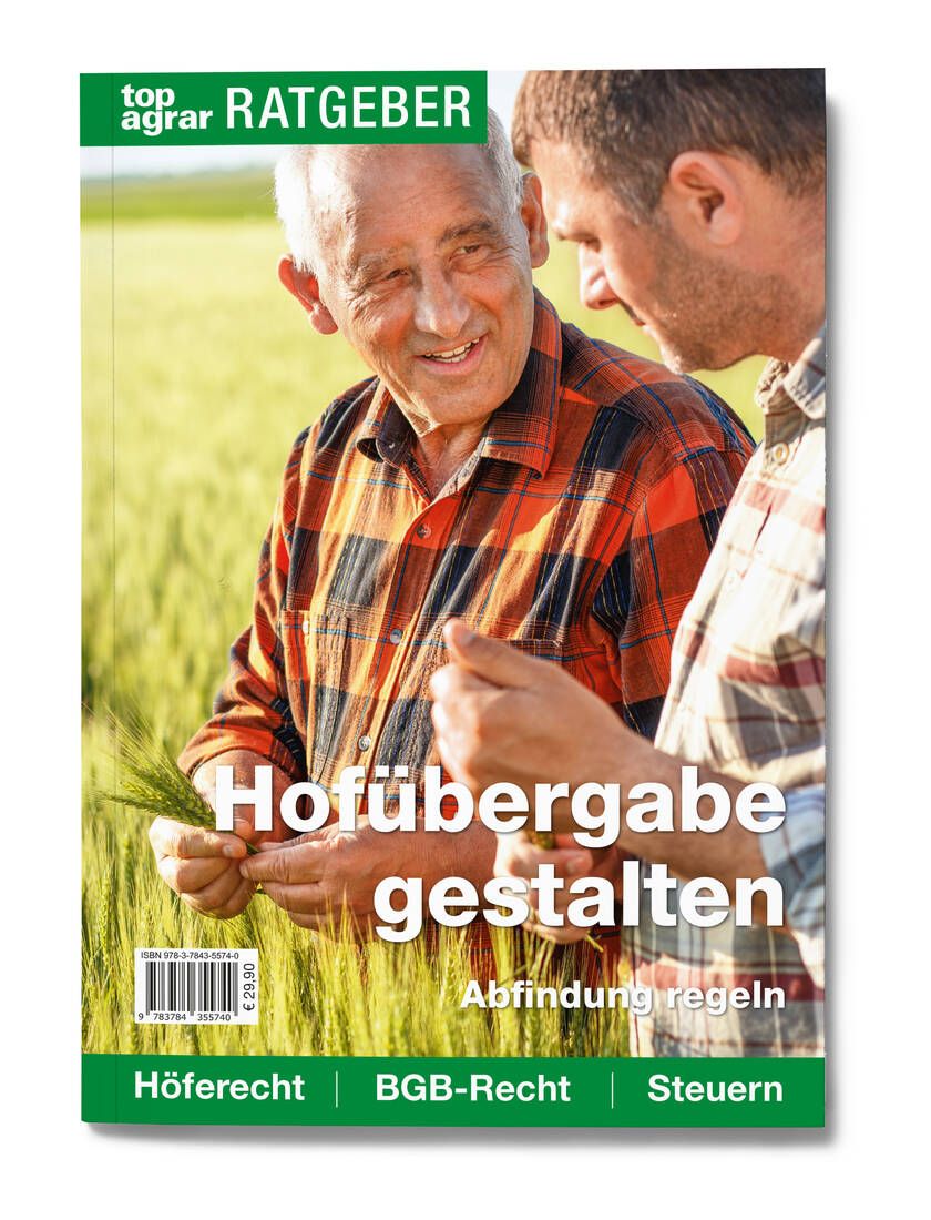 Buchcover mit zwei Männern, die Getreide halten. Titel: Hofübergabe gestalten, Abfindung regeln. Logo: top agrar RATGEBER.