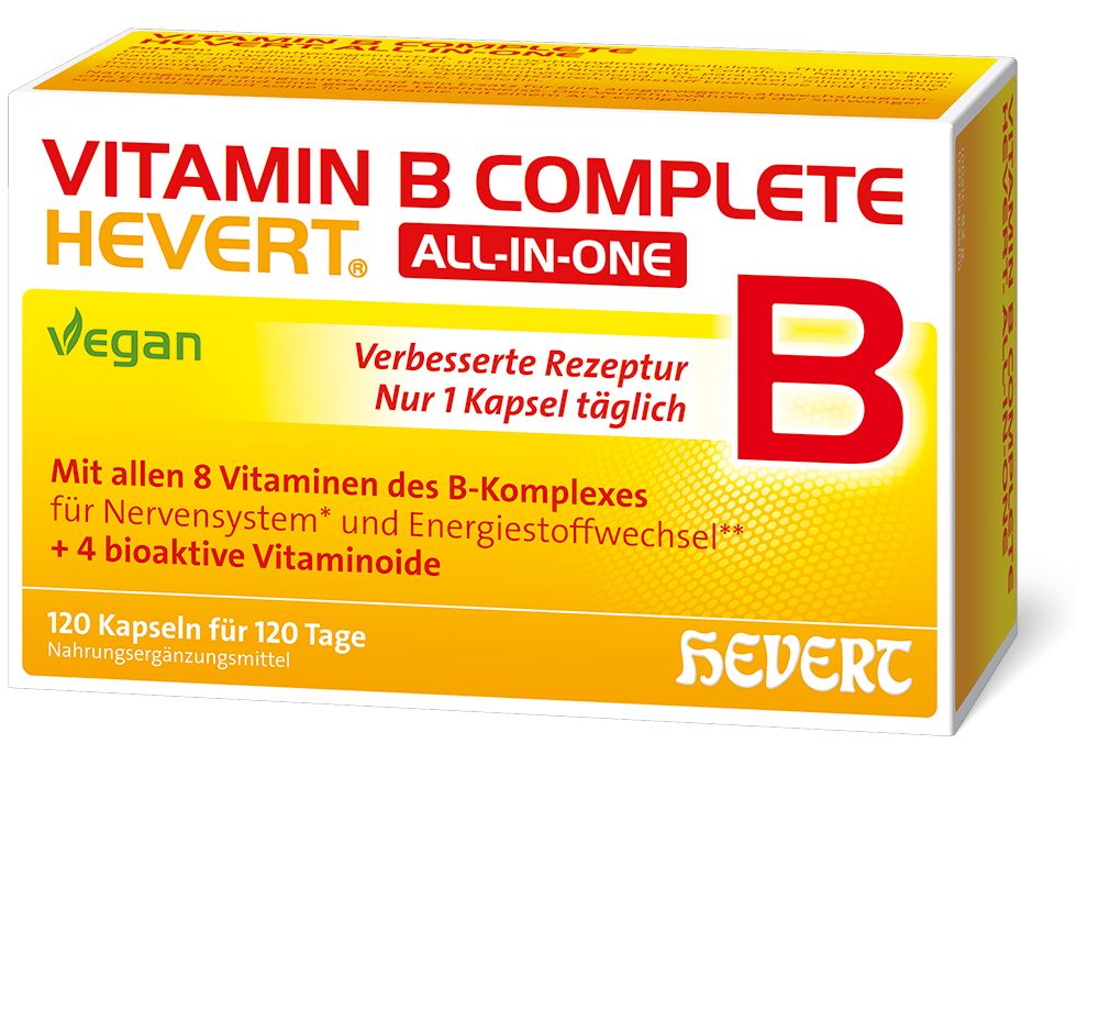 Verpackung von Vitamin B Complete Hevert. Enthält 120 Kapseln. Aufschrift: Vegan, verbessert Rezeptur, nur 1 Kapsel täglich.