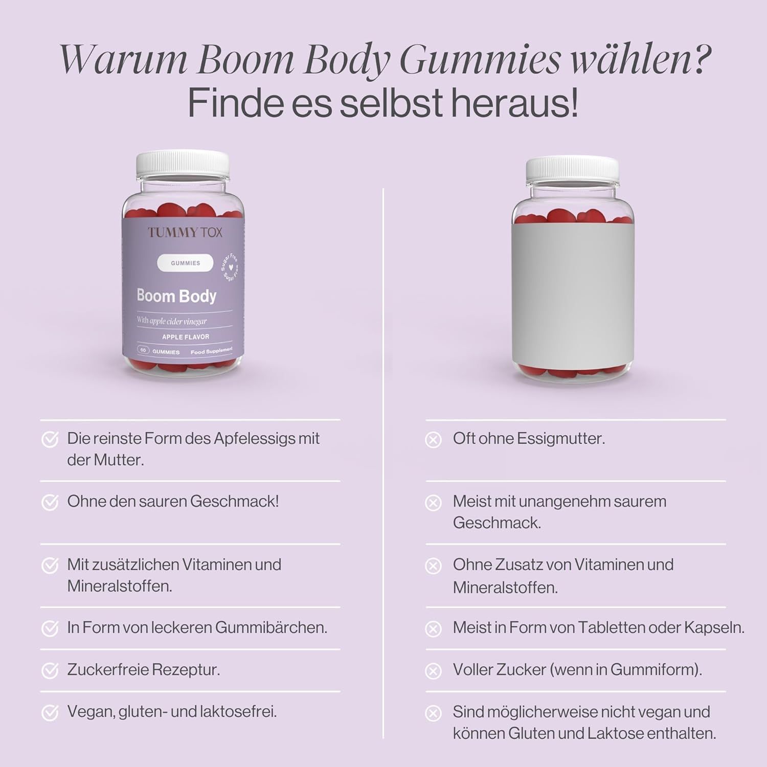 Zwei Flaschen mit roten Gummibärchen. Aufschrift: Tummy Tox Boom Body Gummies. Vergleich von Inhaltsstoffen und Eigenschaften.