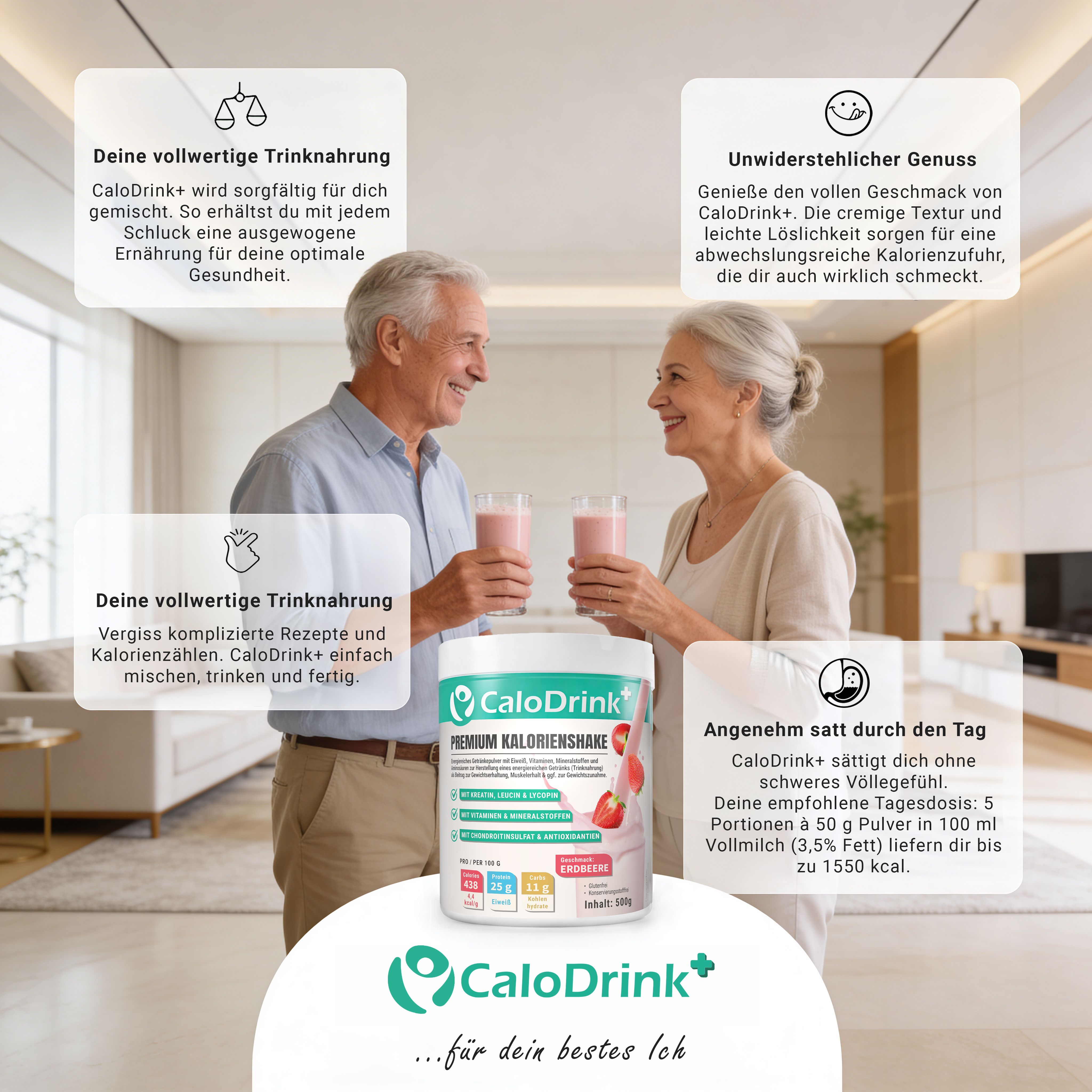Ein älteres Paar trinkt einen Shake. Ein Behälter mit CaloDrink+ steht im Vordergrund. Text: Premium Kalorienshake.