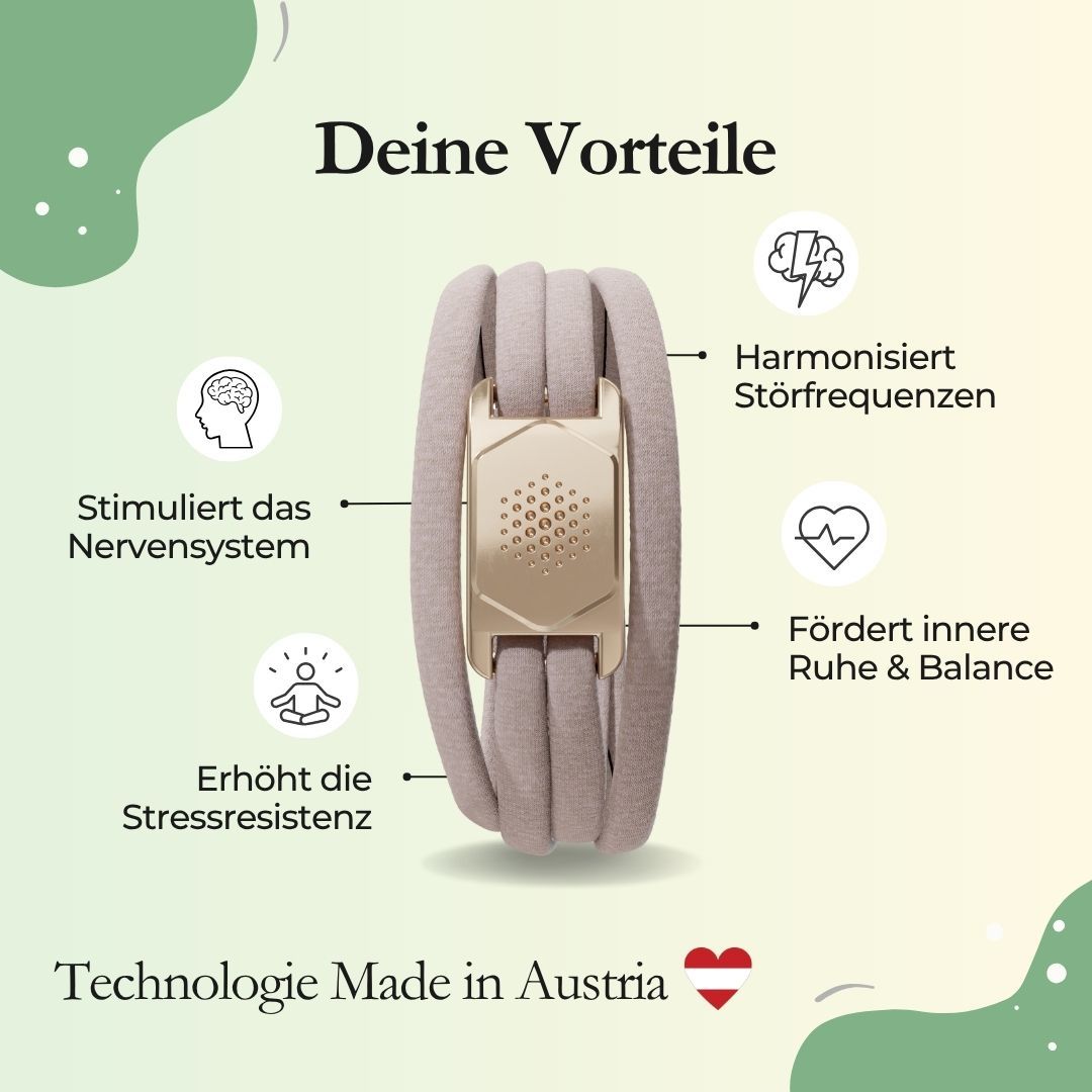 Grafik mit Armband und Icons. Text: Vorteile, Nervensystem, Stressresistenz, innere Ruhe, Störfrequenzen. Made in Austria.