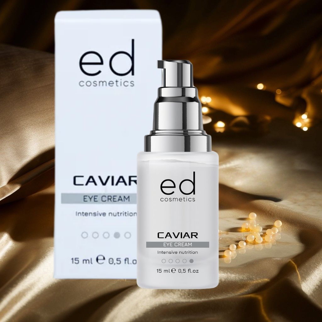 Augencreme-Flakon und Verpackung. Text: ED cosmetics, Caviar Eye Cream, 15 ml. Goldener Hintergrund.