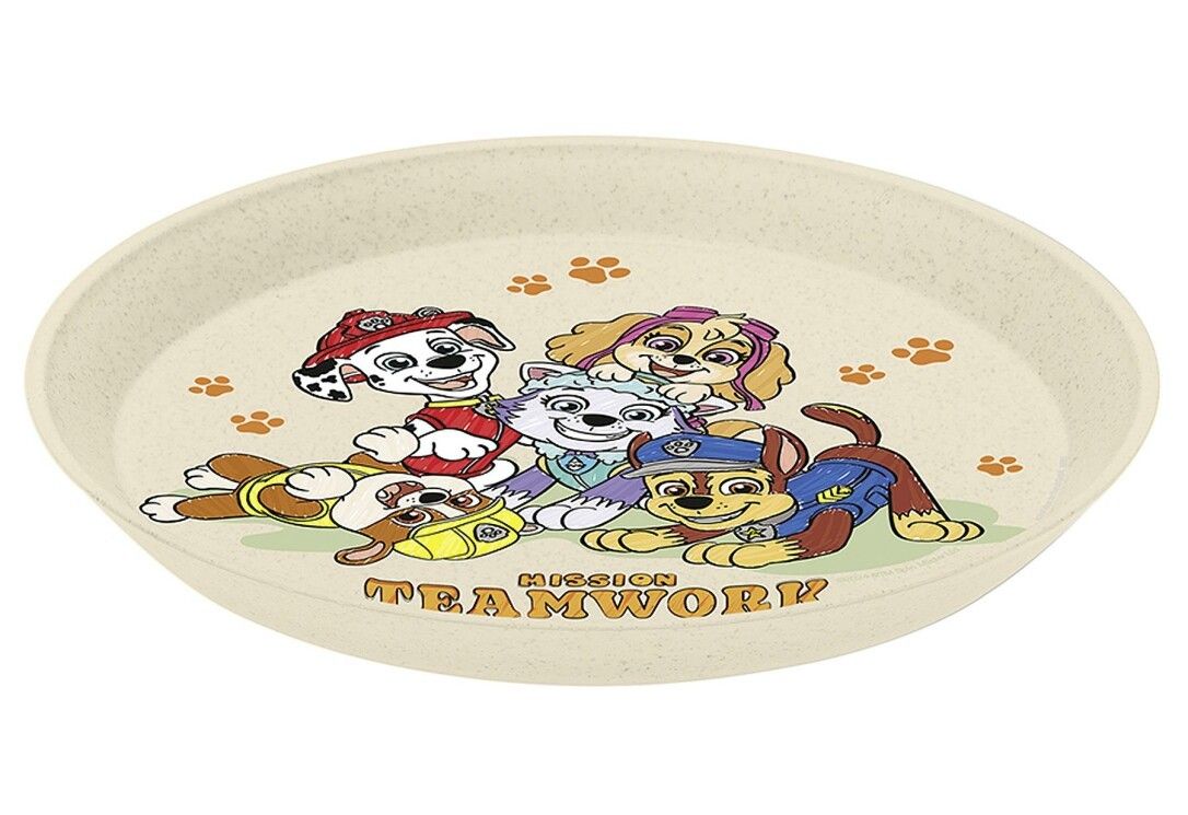 Runder Teller mit Paw Patrol-Motiven. Zeigt Paw Patrol-Charaktere und Pfotenabdrücke. Aufschrift: MISSION TEAMWORK.