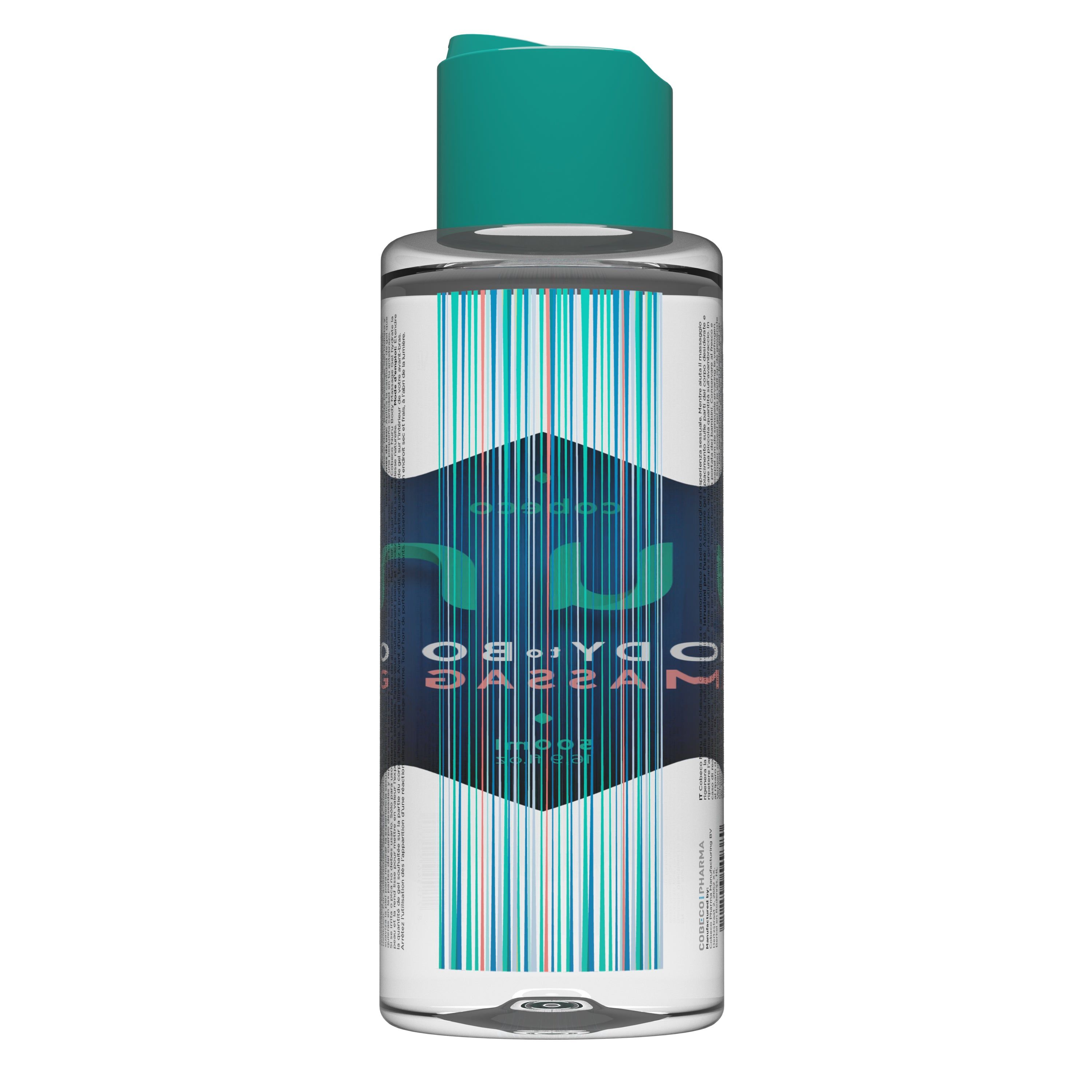 Transparente Flasche mit grünem Deckel. Etikett mit Produktnamen und Logo. Text: Nuru Body to Body Massage. Vertikale Streifen.