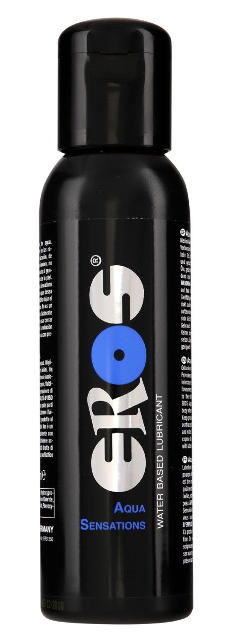 Schwarze Flasche mit Klappverschluss. Aufschrift "eros" mit blauem Kreis. Darunter "Aqua Sensations". Text: "Water Based Lubricant".