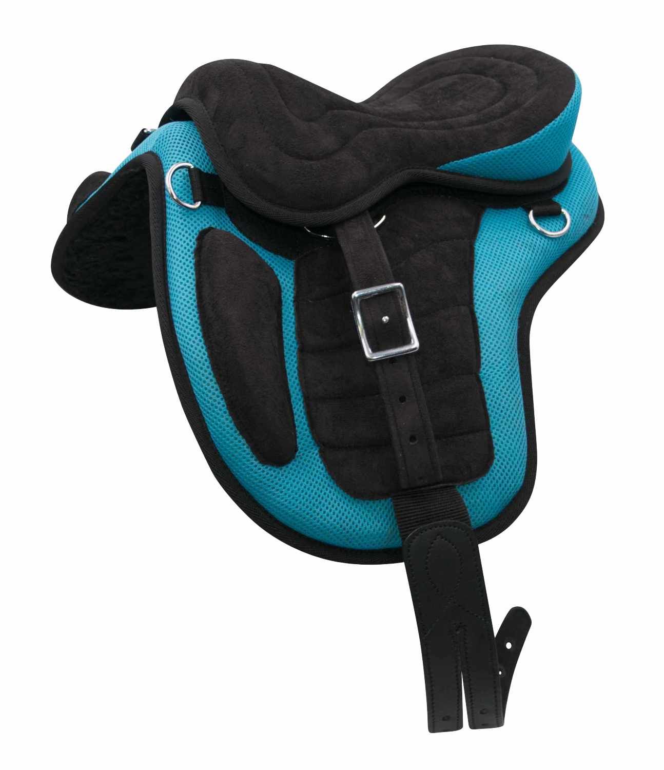 Türkis-schwarzer baumloser Sattel. Schwarze Polsterung, türkise Seiten. D-Ringe und Gurte. Schwarze Riemen mit Schnalle.