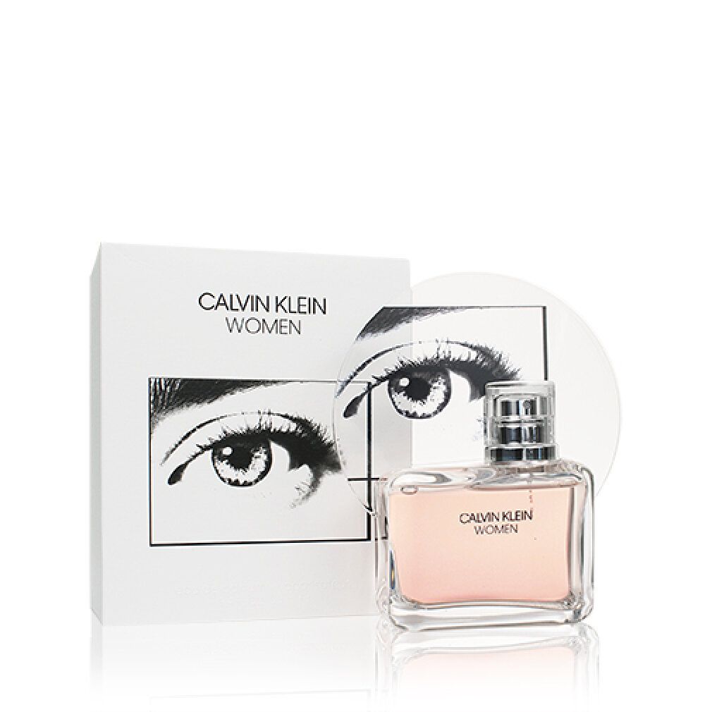 Flakon und Verpackung. Aufschrift: CALVIN KLEIN WOMEN. Verpackung: weißer Karton mit Augenmotiv.
