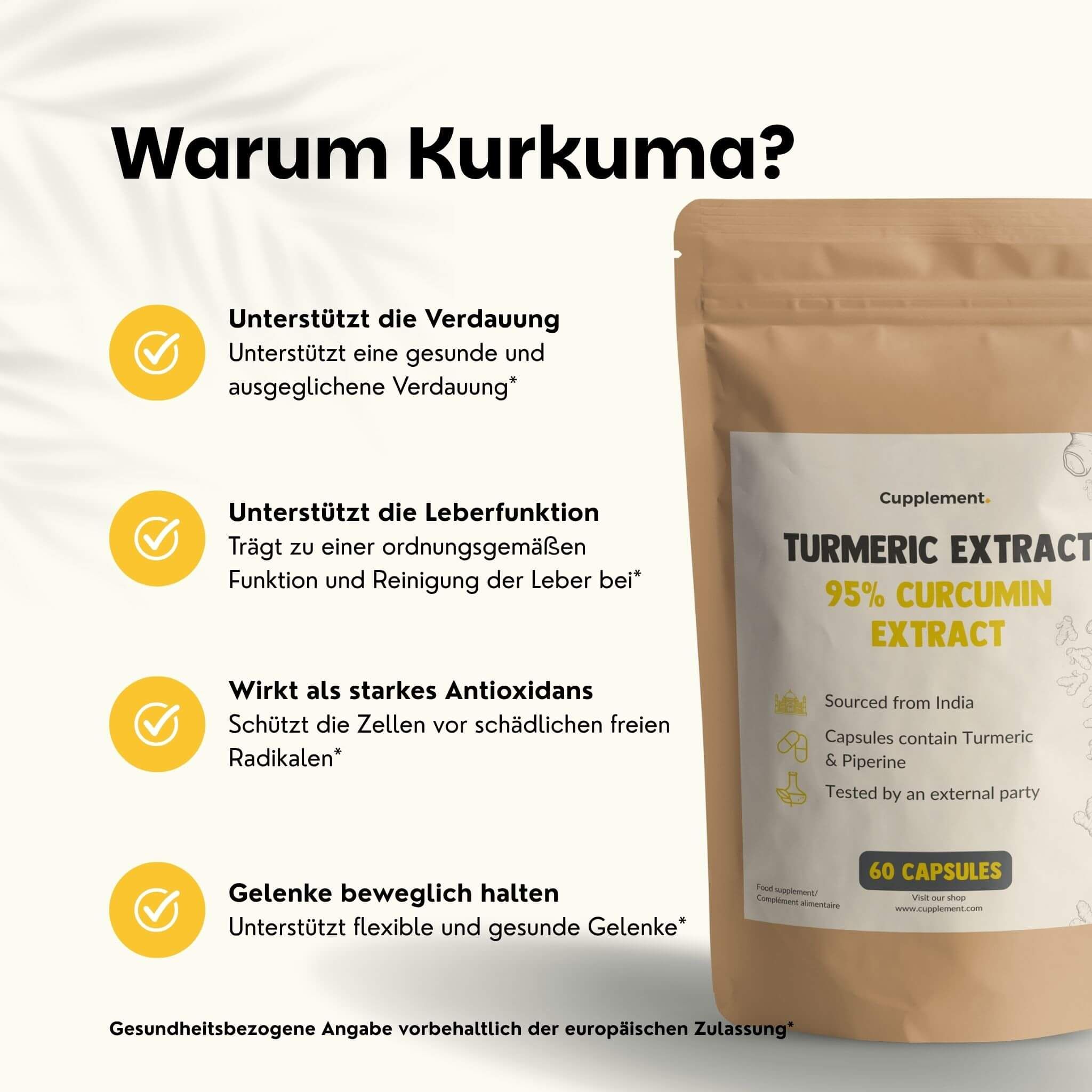 Beutel mit Kapseln. Text: Turmeric Extract 95% Curcumin Extract. 60 Kapseln. Unterstützt Verdauung, Leber, Gelenke.