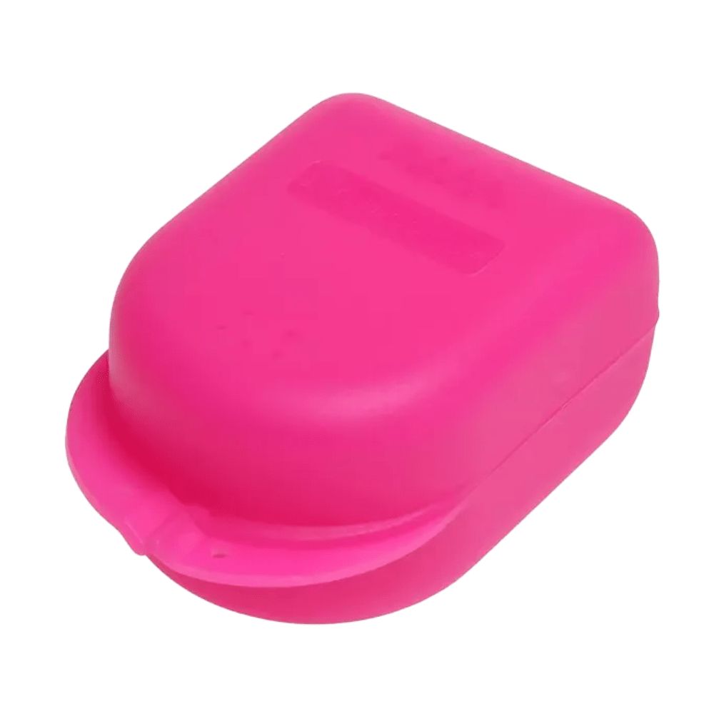 Kleine, rechteckige, pinke Zahnspangenbox mit abgerundeten Ecken und einem Klappdeckel.