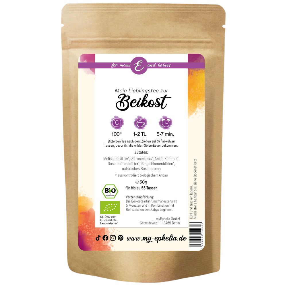 Braune Papierverpackung mit Text und Zutatenliste. Text: Mein Lieblingstee zur Beikost. Bio-Siegel. 50g. Zubereitungshinweise.