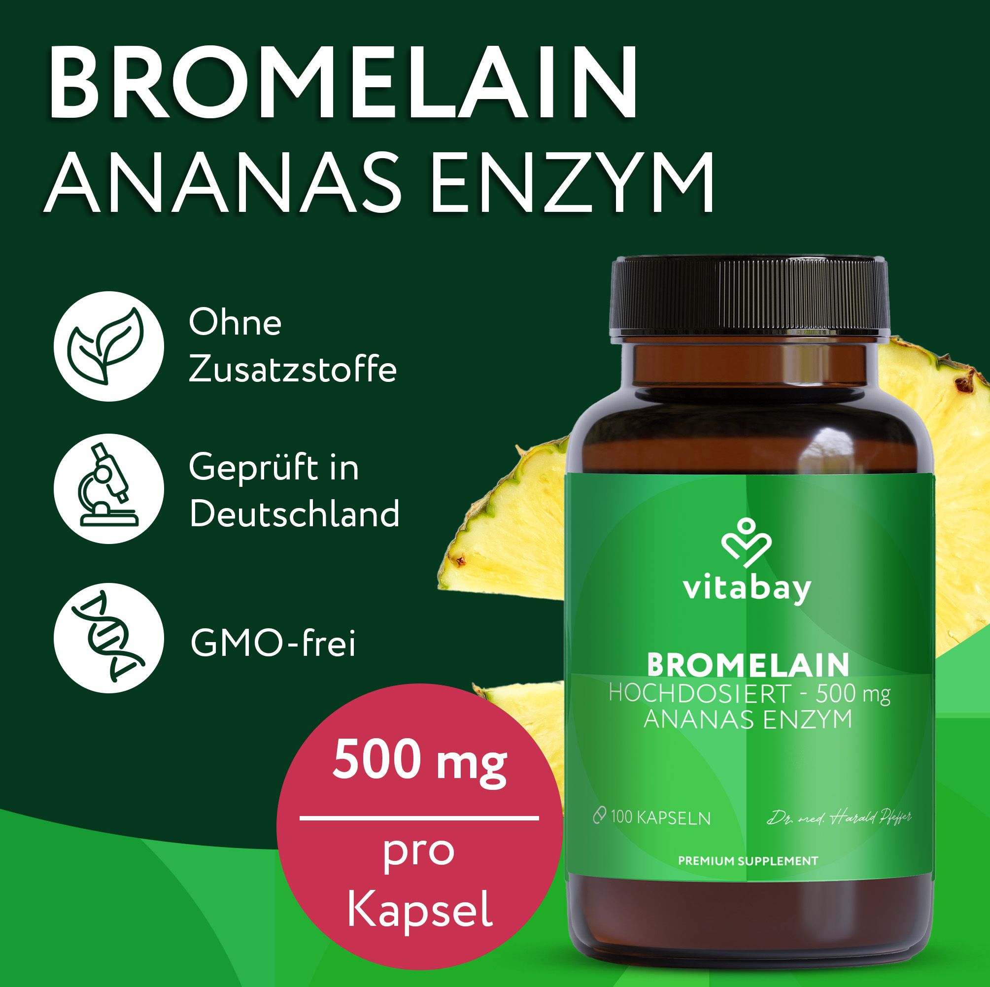 Braune Flasche mit grünem Etikett: Vitabay Bromelain 500mg, 100 Kapseln. Text: 500 mg pro Kapsel.