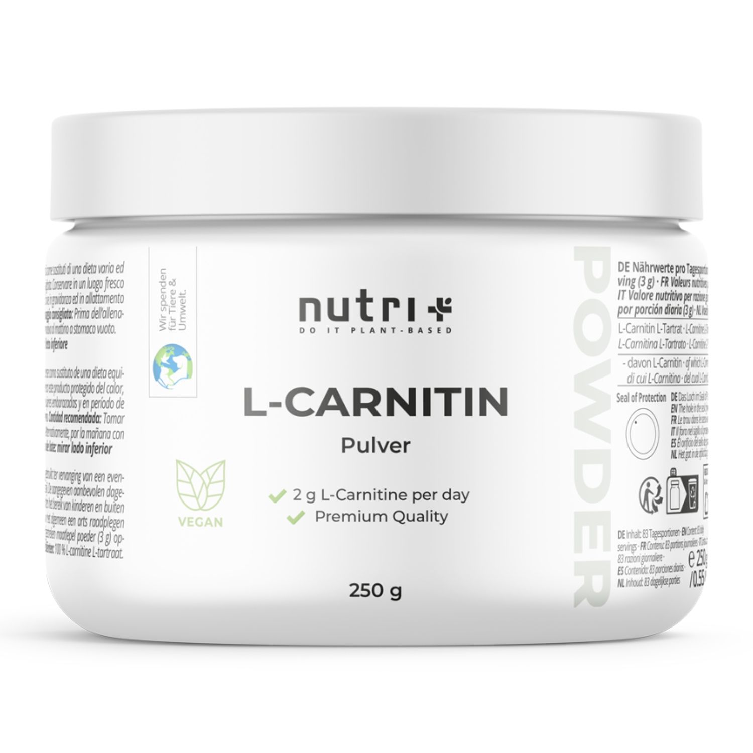 Weiße Dose mit L-Carnitin Pulver, 250g. Enthält veganes Siegel und Qualitätsmerkmale.