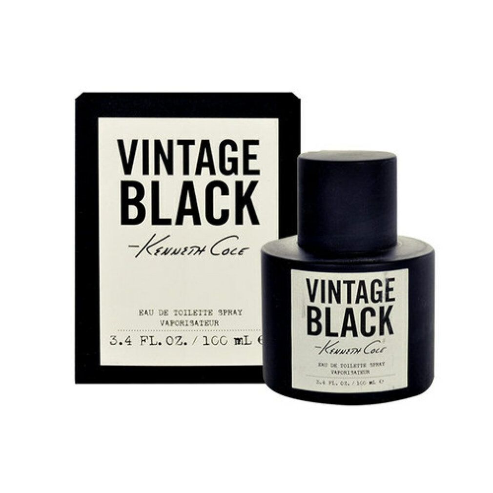 Schwarze Flasche und Karton. Aufschrift: Vintage Black, Kenneth Cole. Eau de Toilette Spray. 3.4 FL. OZ. / 100 ml. Flasche mit schwarzem Deckel.