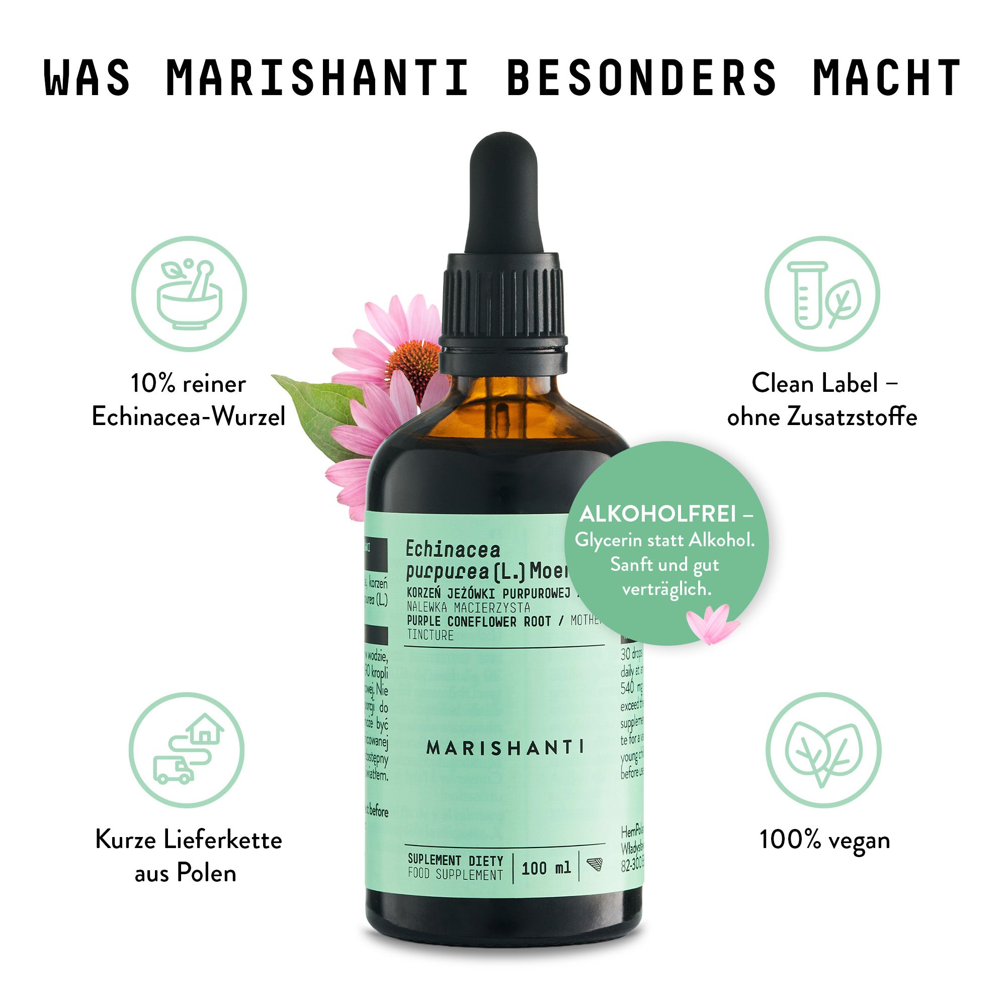 Braune Glasflasche mit Tropfer. Aufschrift: Marishanti Echinacea Extrakt. Icons und Text über Inhaltsstoffe und Qualität.