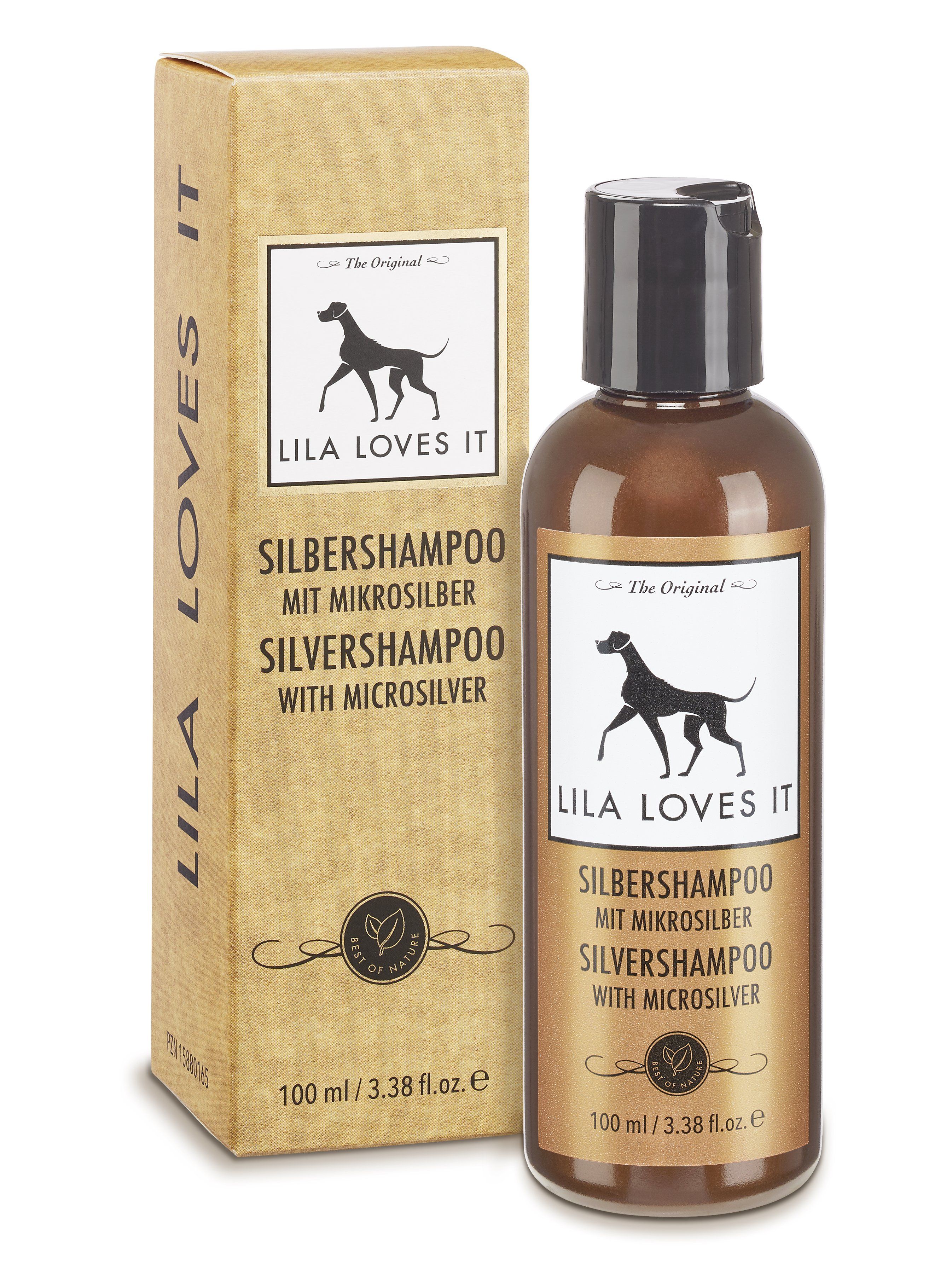 Braune Flasche und Karton mit Produktetikett. Enthält Text: SILBERSHAMPOO, LILA LOVES IT, mit Microsilber. 100 ml.