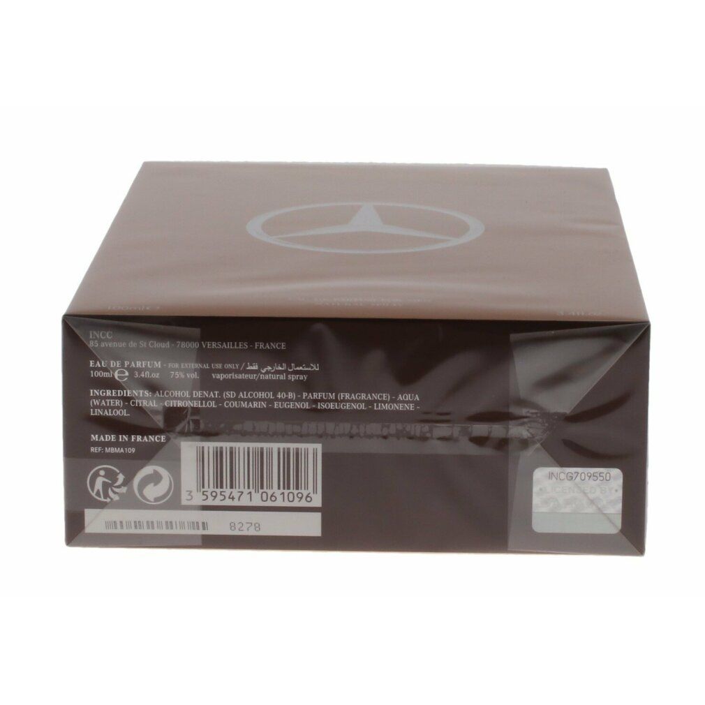 Braune Verpackung mit silbernem Mercedes-Benz-Logo. Text: Eau de Parfum, Inhaltsstoffe, Hergestellt in Frankreich.