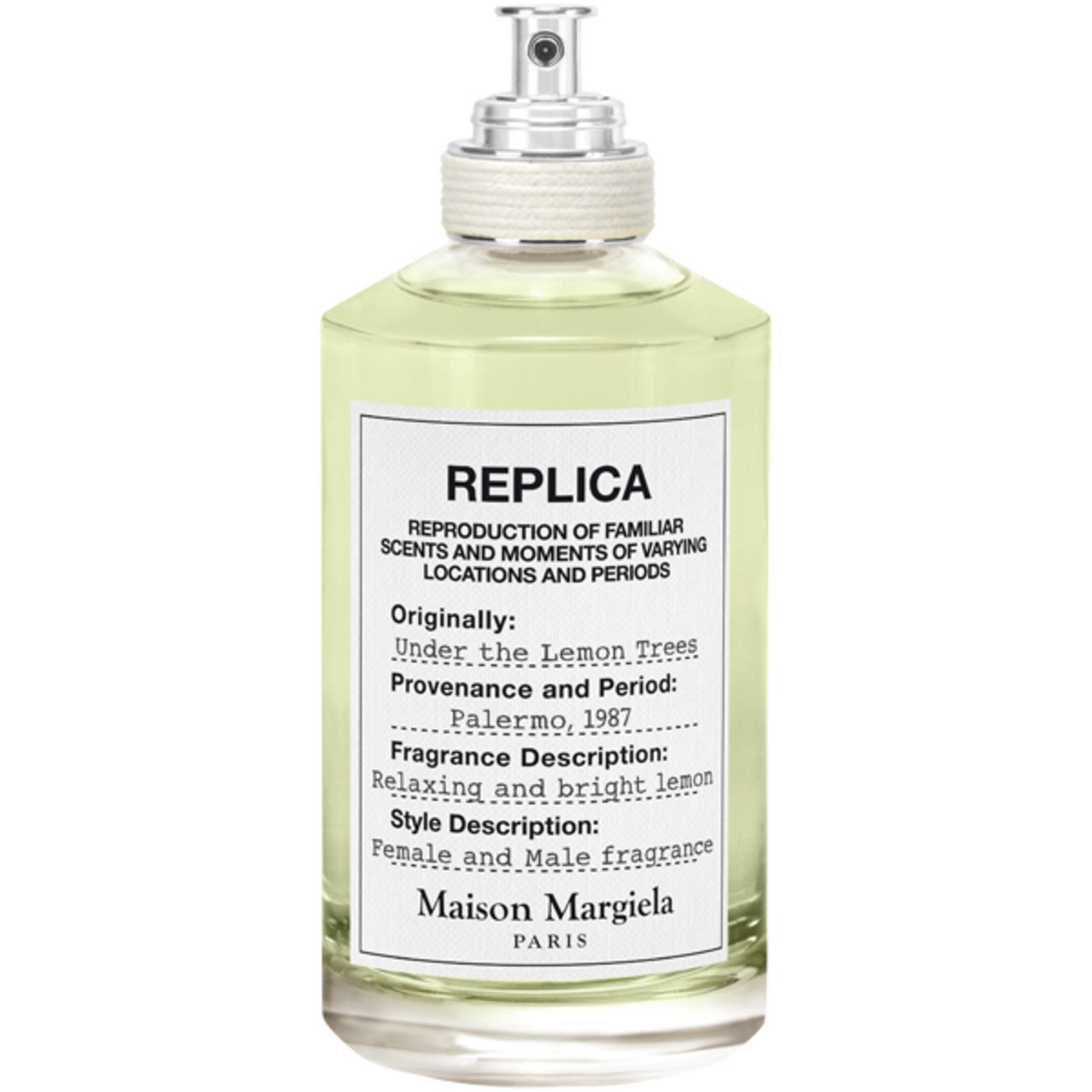 Parfümflakon mit weißem Etikett. Aufschrift: Replica Under the Lemon Trees. Maison Margiela Paris.