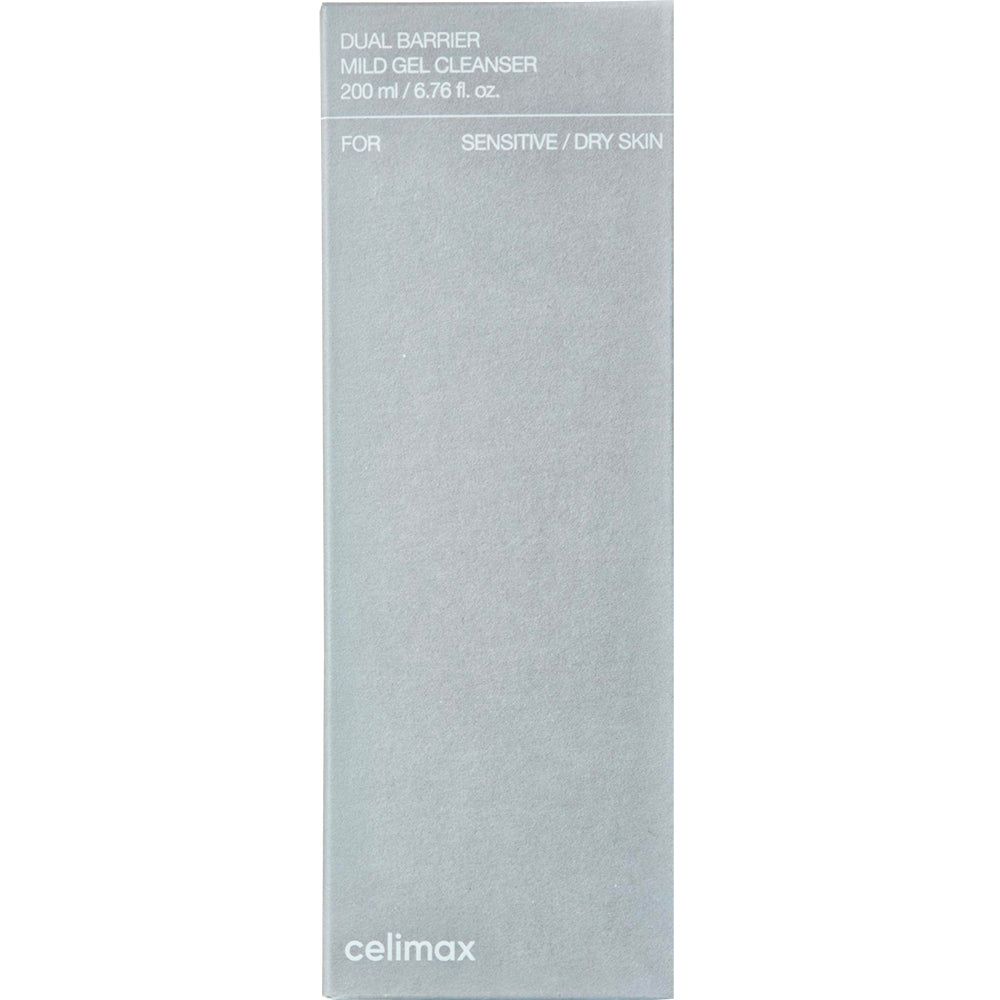 Verpackung des Celimax Dual Barrier Mild Gel Cleanser mit Produktinformationen.
