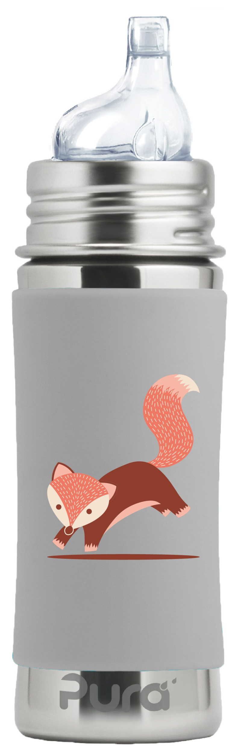 Trinklernflasche mit Silikon-Sleeve. Graue Flasche mit Fuchs-Illustration. Edelstahl-Deckel und -Boden. Marke Pura.
