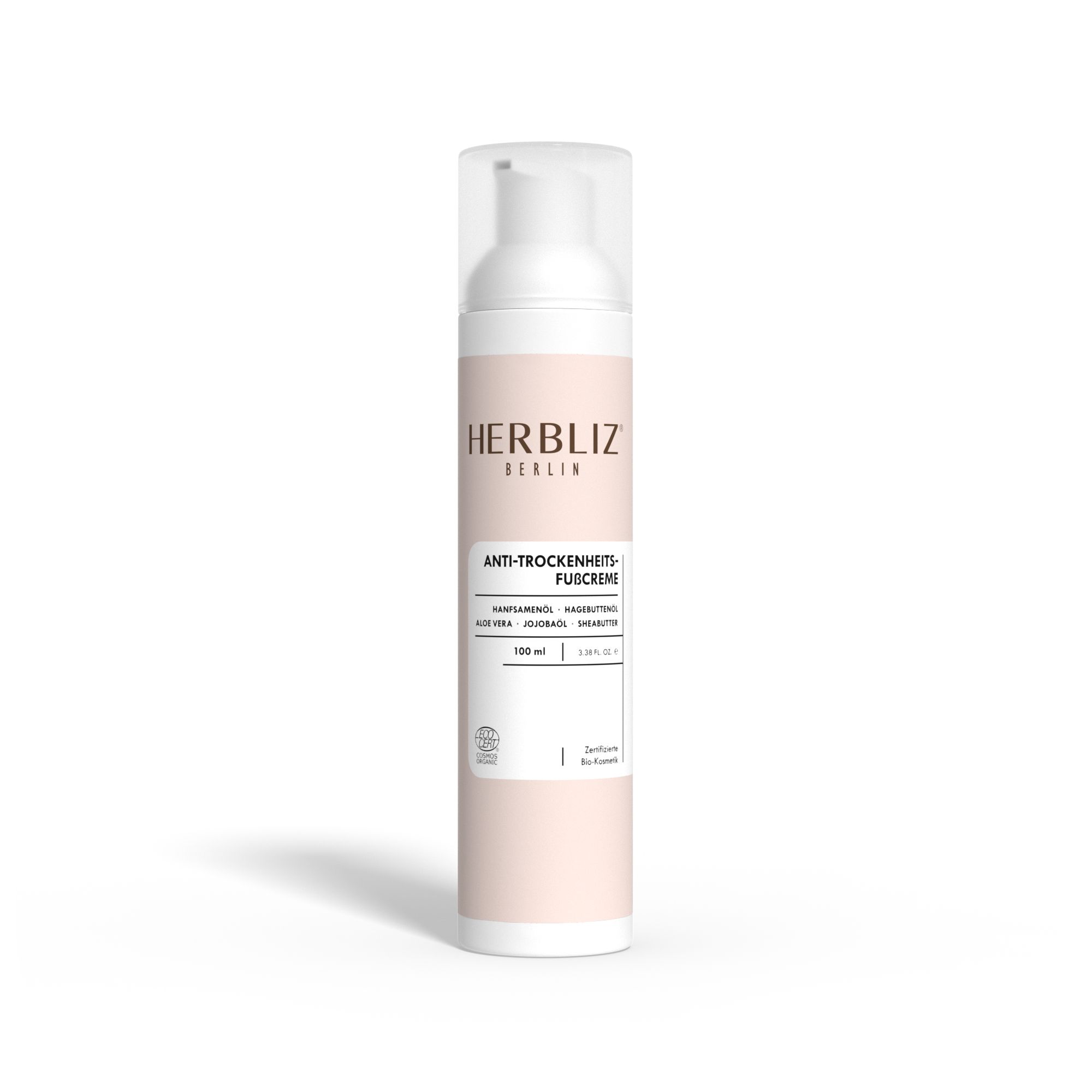 HERBLIZ Fußcreme, weiße Flasche mit Pumpverschluss. Aufschrift: Anti-Trockenheits-Fußcreme, 100 ml. Zertifizierungslogo.