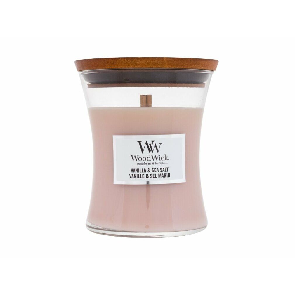 Sanduhrförmige Kerze mit Deckel. Aufkleber mit "WoodWick Vanilla & Sea Salt".