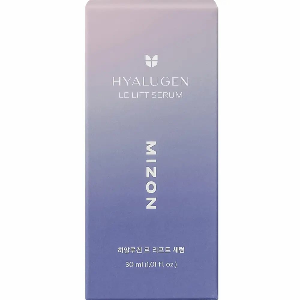 Produktverpackung. Aufschrift: HYALUGEN LE LIFT SERUM, MIZON. Farbverlauf von Rosa nach Blau.