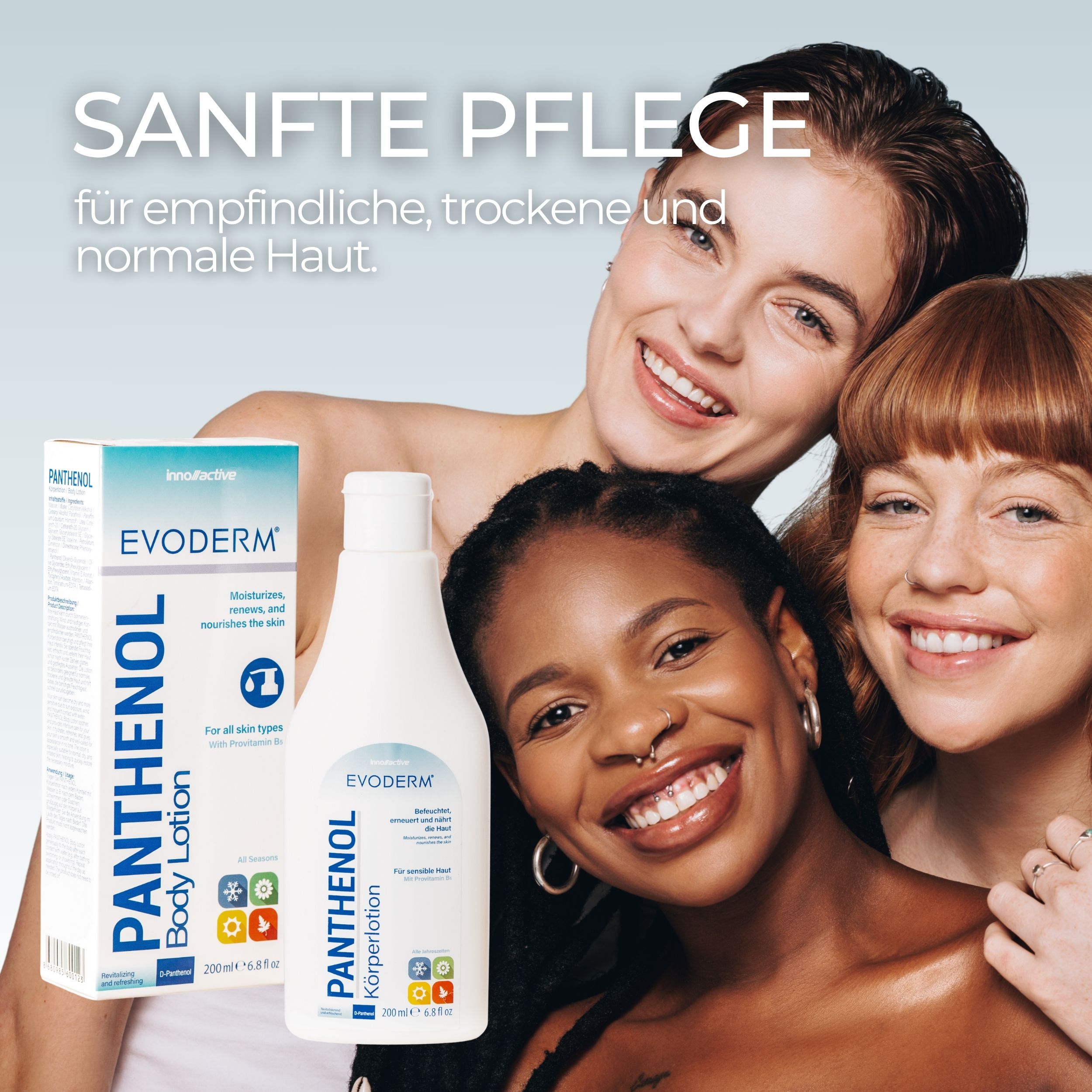 Drei Frauen unterschiedlicher Hautfarben. EVODERM Panthenol Körperlotion. Text: Sanfte Pflege. Für sensible Haut.