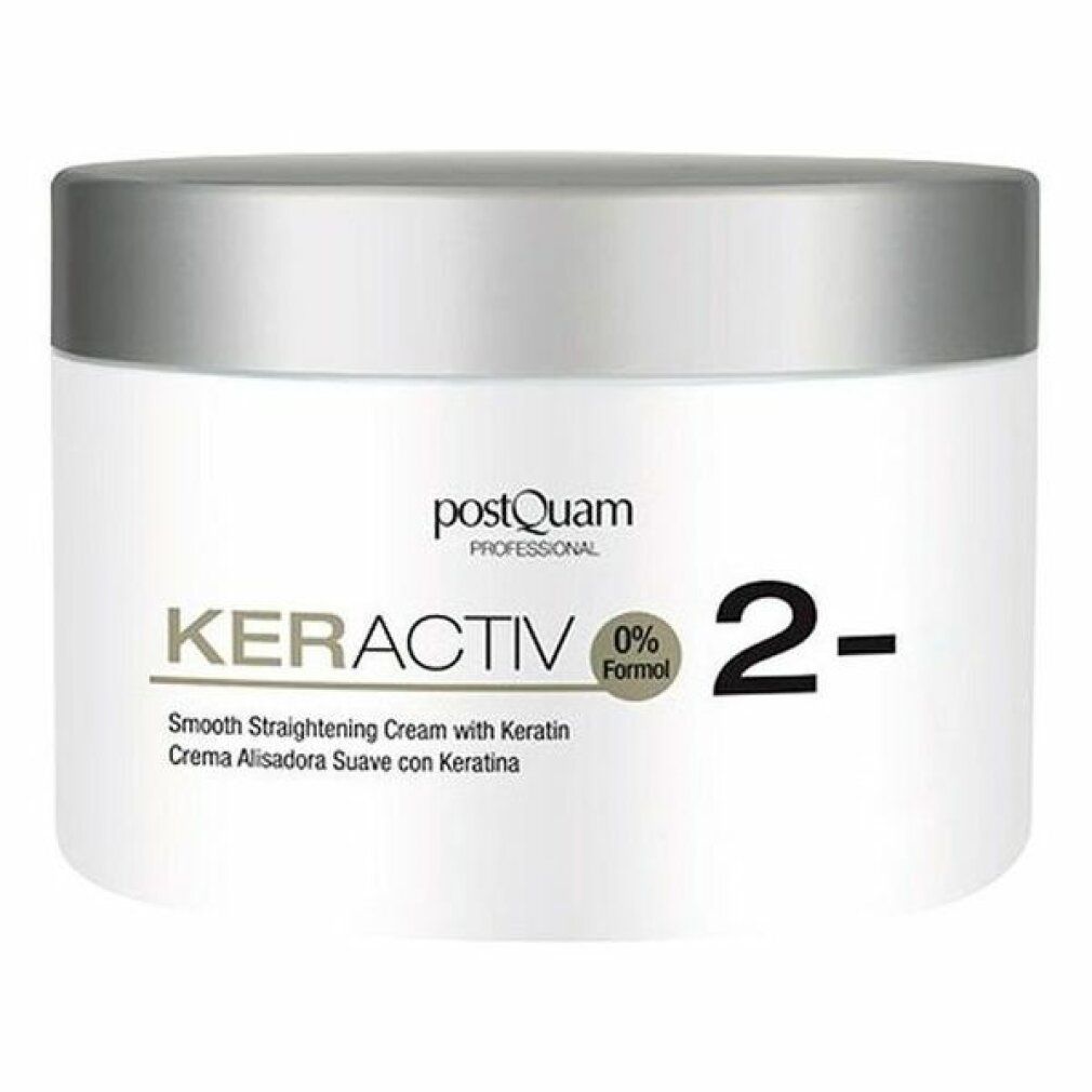 Weißer Tiegel mit silbernem Deckel. Aufschrift: KERACTIV, 0% Formal, 2-. Text: Smooth straightening cream with Keratin.