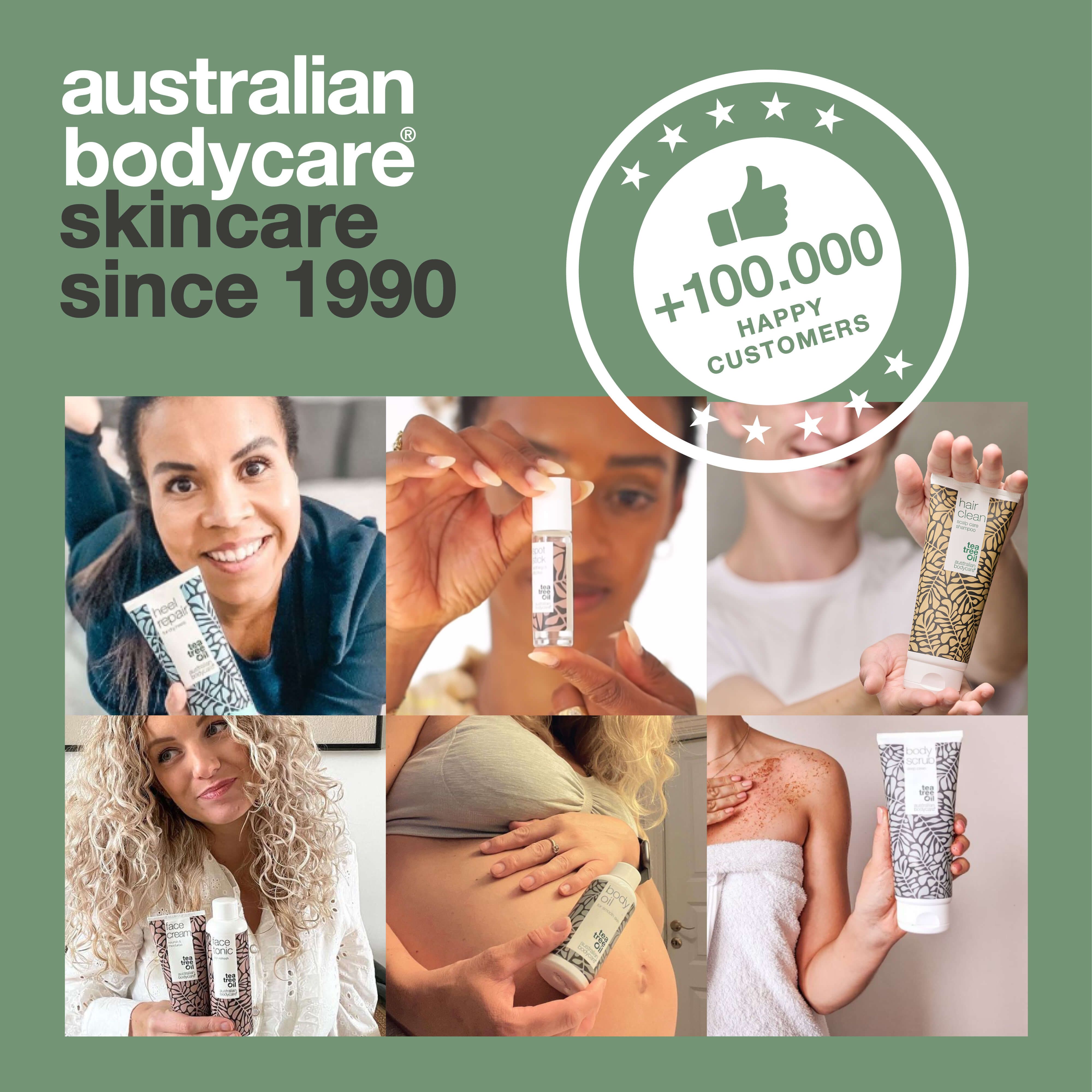 Werbebild mit verschiedenen Personen, die Mundpflegeprodukte verwenden. Text: Australian Bodycare Skincare since 1990.