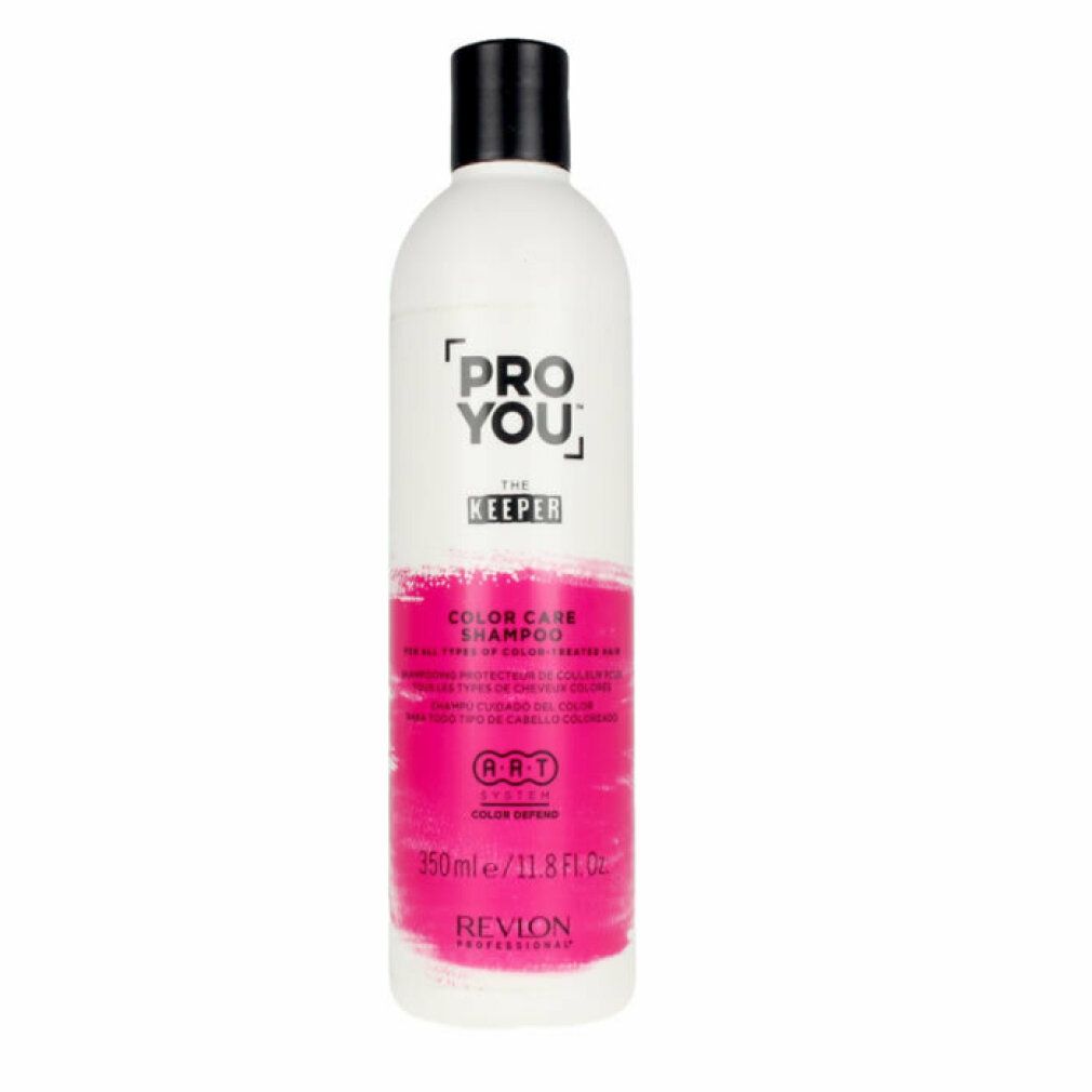 Weiße Flasche mit schwarzem Deckel. Aufschrift: Pro You The Keeper Color Care Shampoo. Rosa Farbband. Revlon Professional.